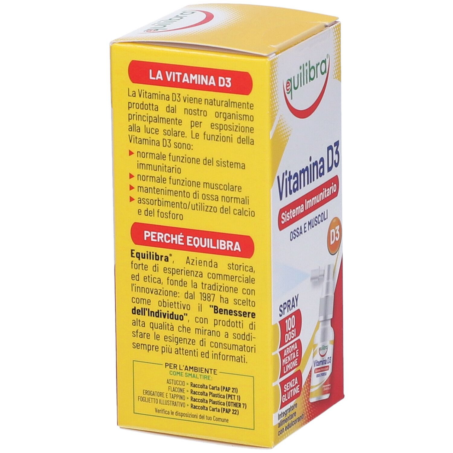 Retro della confezione di Equilibra® Vitamina D3. Testo sulla vitamina D3 e il marchio Equilibra. Contiene un flacone spray.