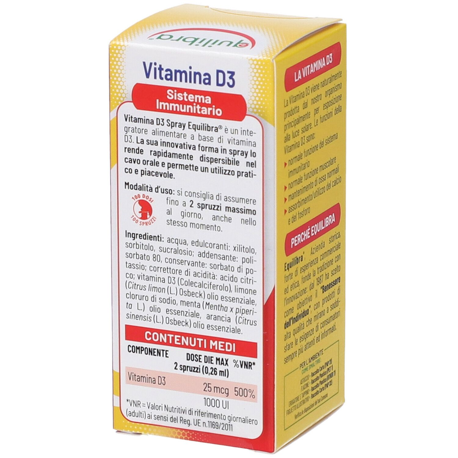 Confezione di Equilibra® Vitamina D3. Contiene informazioni sugli ingredienti e il dosaggio. Contiene un flacone spray.
