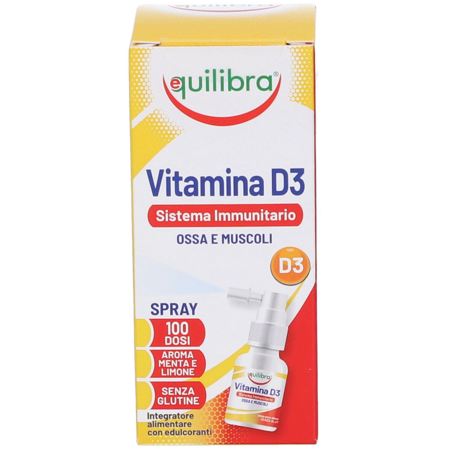 Confezione di Equilibra® Vitamina D3. Contiene flacone spray e scatola. Scritta: Vitamina D3, Sistema Immunitario, Ossa e Muscoli.