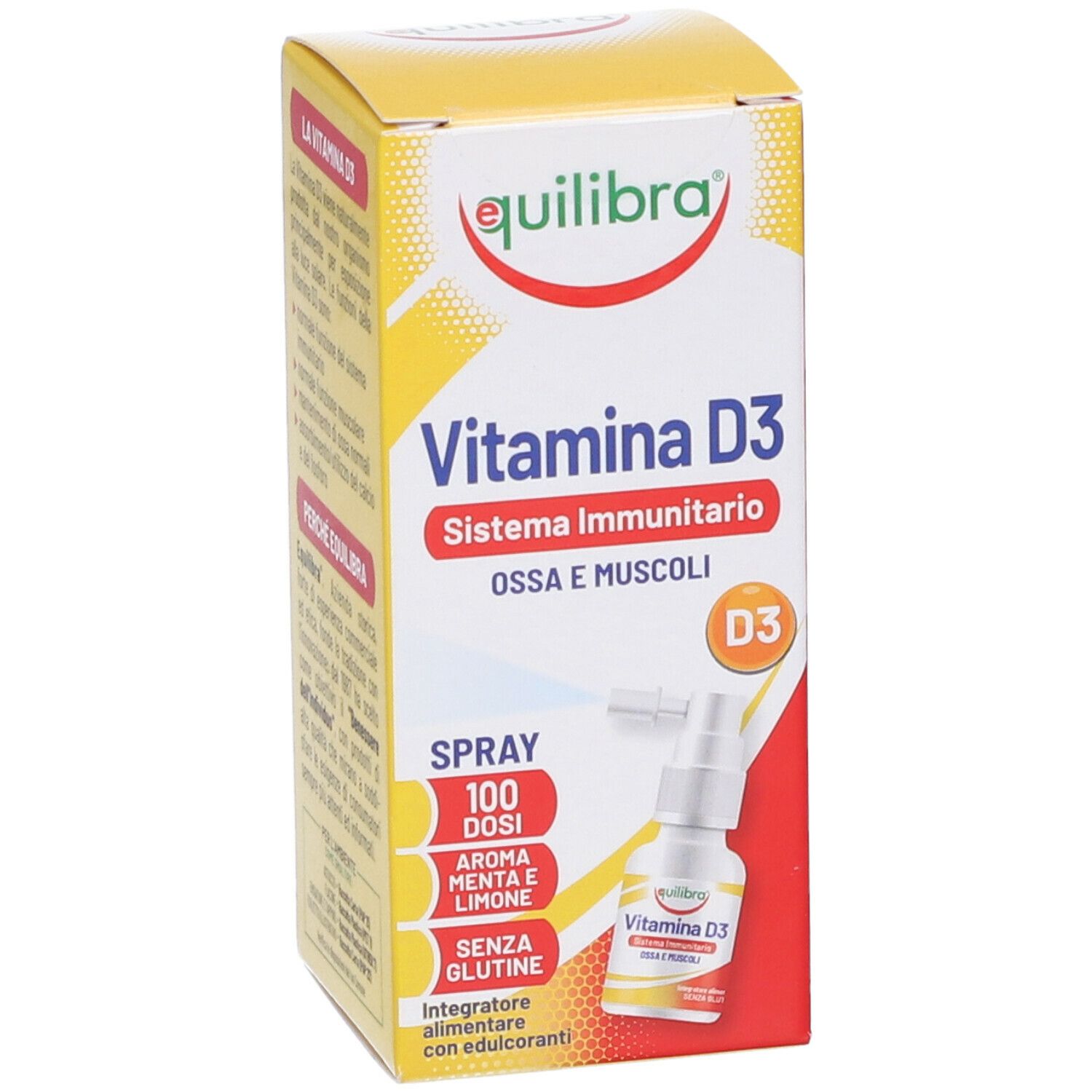 Confezione di Equilibra® Vitamina D3. Contiene flacone spray e scatola. Scritta: Vitamina D3, Sistema Immunitario, Ossa e Muscoli.