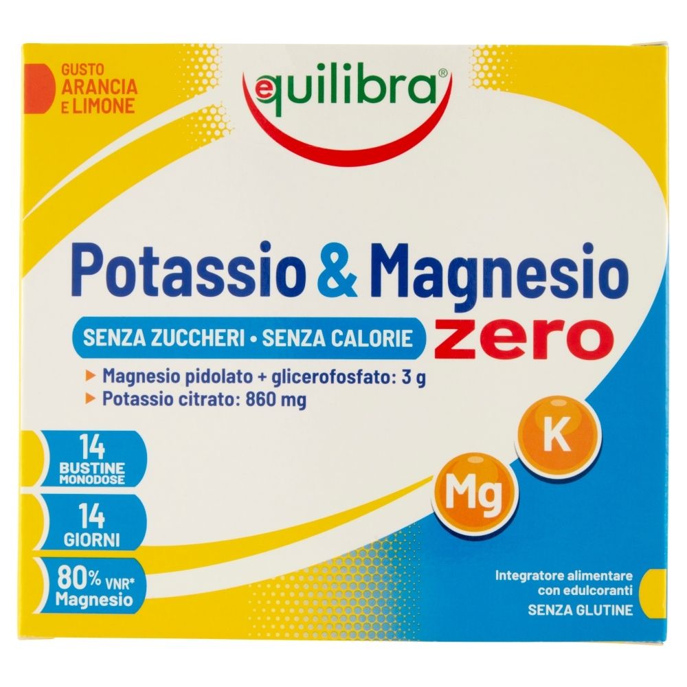 Confezione di Equilibra® Kalium & Magnesium ZERO. Scritta: Potassio & Magnesio Zero, 14 bustine, 14 giorni, 80% VNR Magnesio.