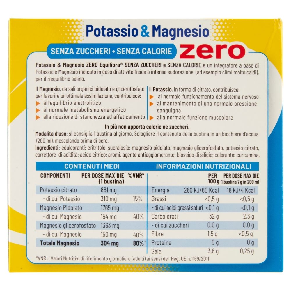 Retro della confezione di Equilibra® Kalium & Magnesium ZERO. Testo con ingredienti e informazioni nutrizionali.
