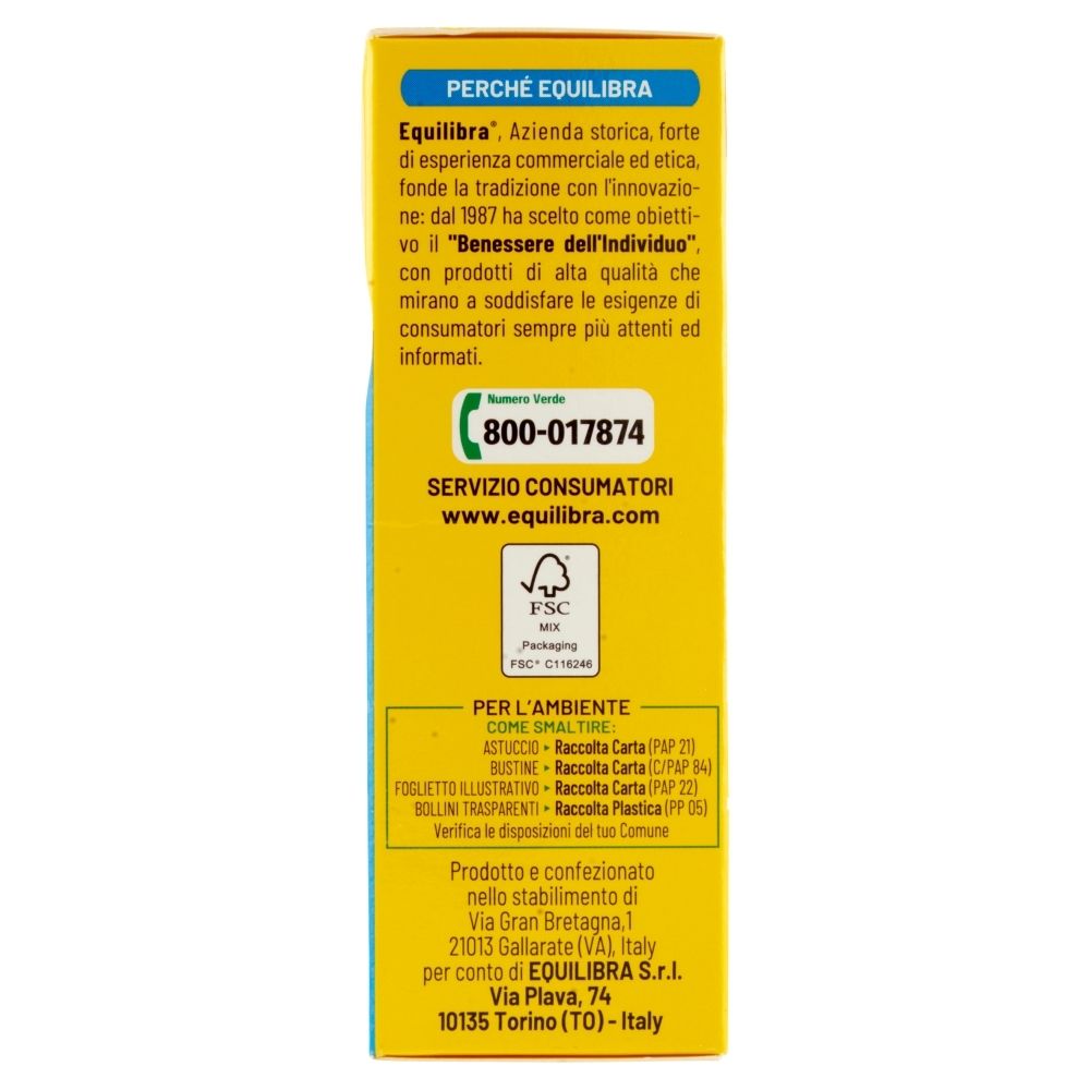 Lato della confezione di Equilibra® Kalium & Magnesium ZERO. Testo su Equilibra, logo FSC e contatti.
