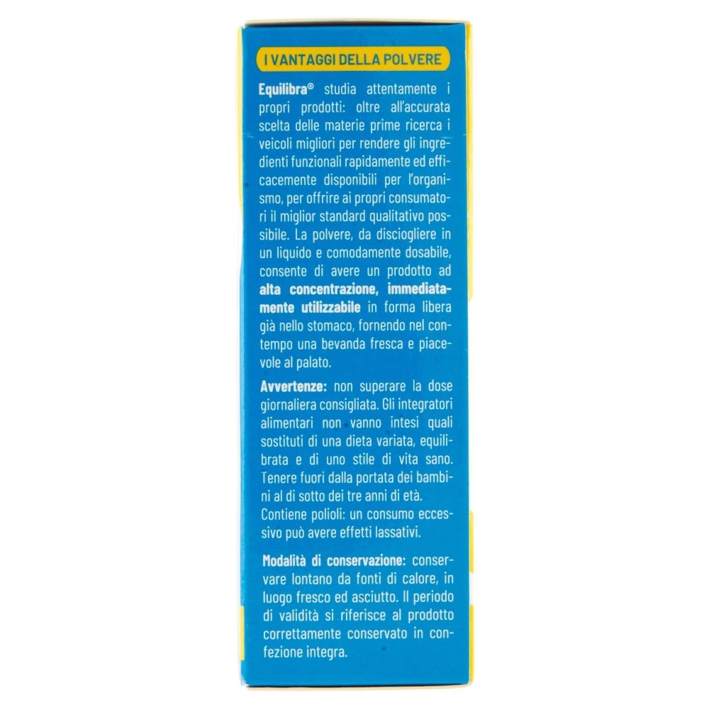 Lato della confezione di Equilibra® Kalium & Magnesium ZERO. Testo sui vantaggi del prodotto e istruzioni per l'uso.