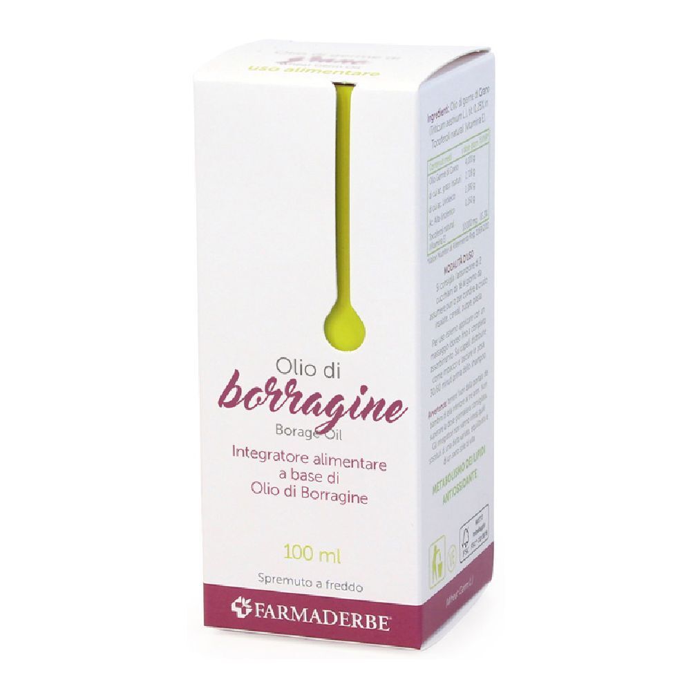 Weiße Schachtel mit Produktaufdruck. Aufschrift: Olio di borragine, Integratore alimentare. Marke: Farmaderbe.