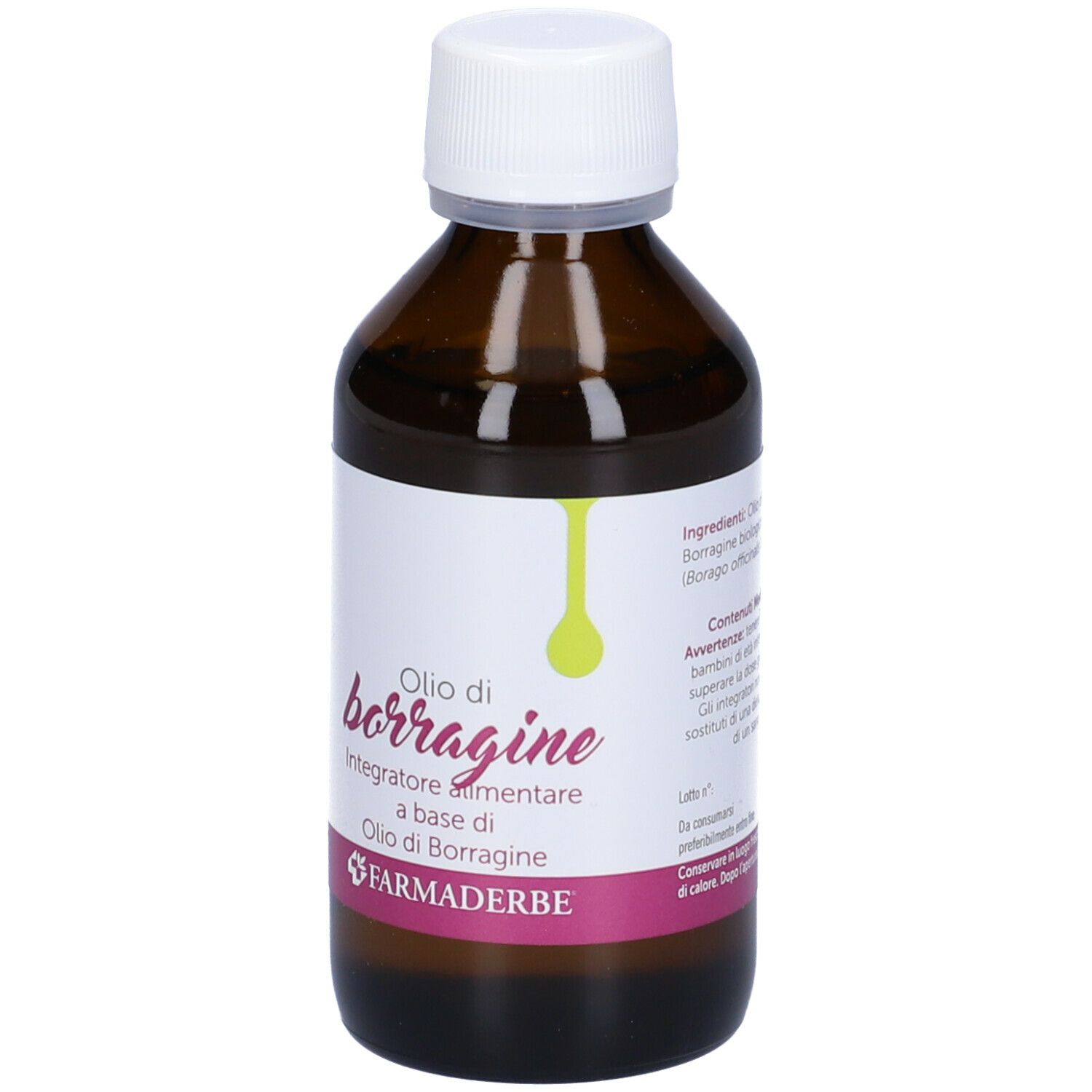 Braune Glasflasche mit weißem Deckel. Aufschrift: Olio di borragine, Integratore alimentare. Marke: Farmaderbe. Rückseite mit Text.