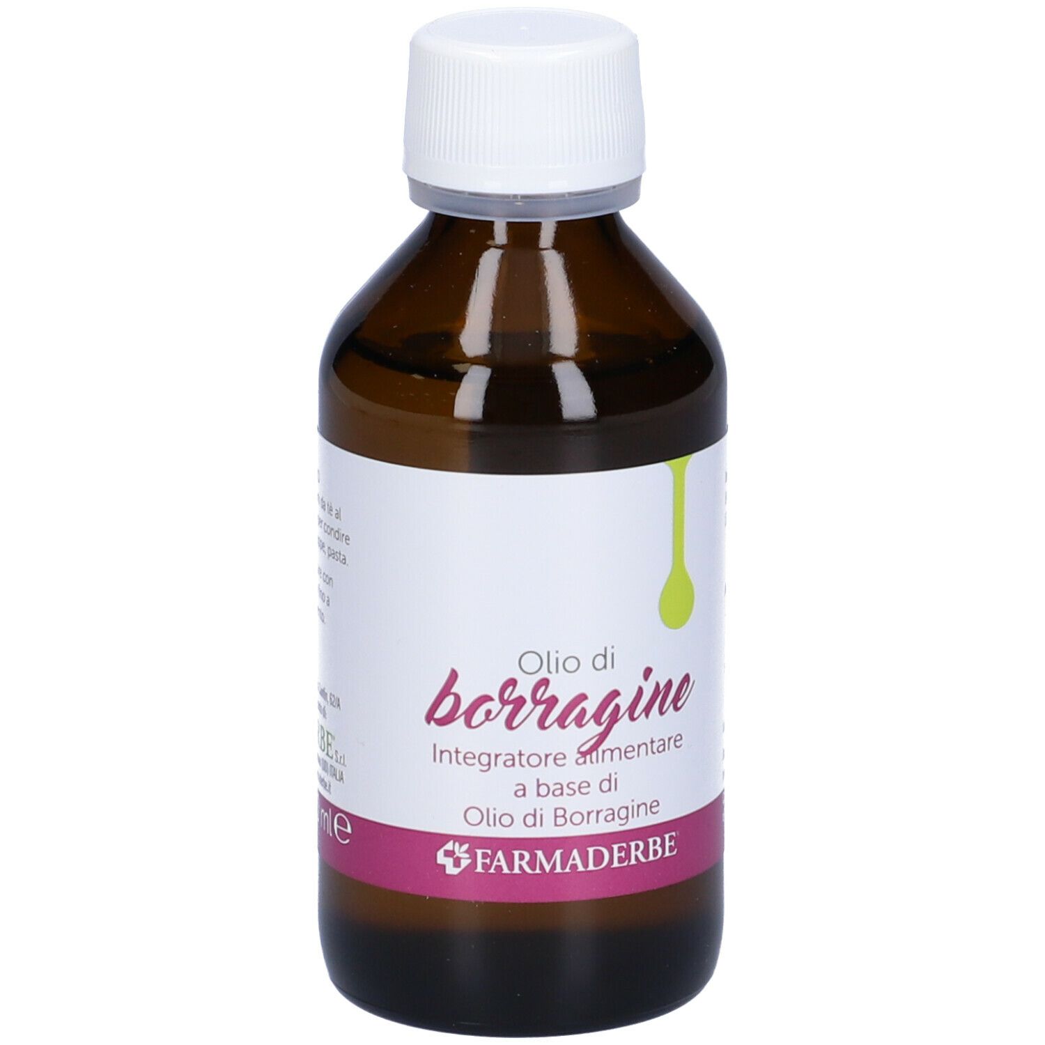 Braune Glasflasche mit weißem Deckel. Aufschrift: Olio di borragine, Integratore alimentare. Marke: Farmaderbe. Rückseite mit Text.