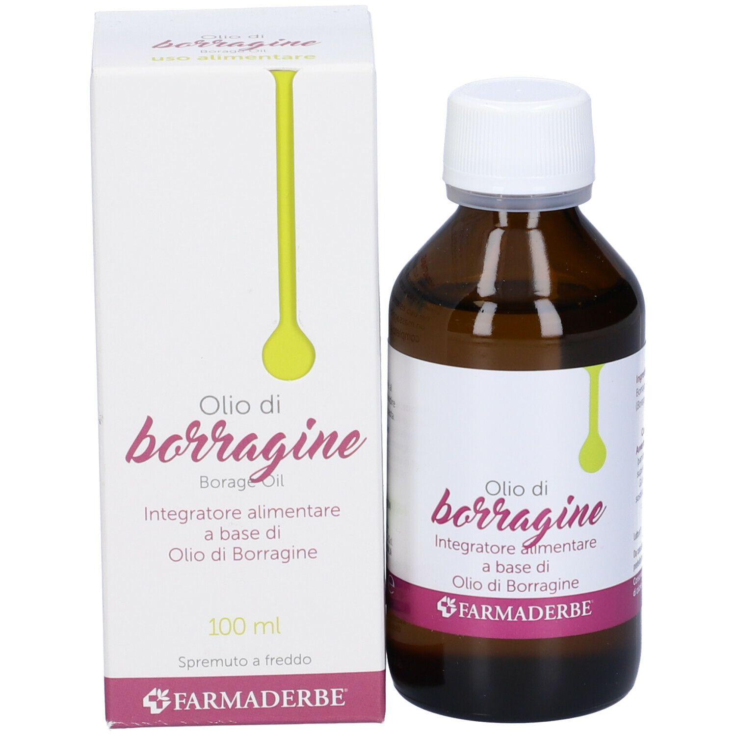 Braune Glasflasche und Schachtel. Aufschrift: Olio di borragine, Integratore alimentare. Marke: Farmaderbe.