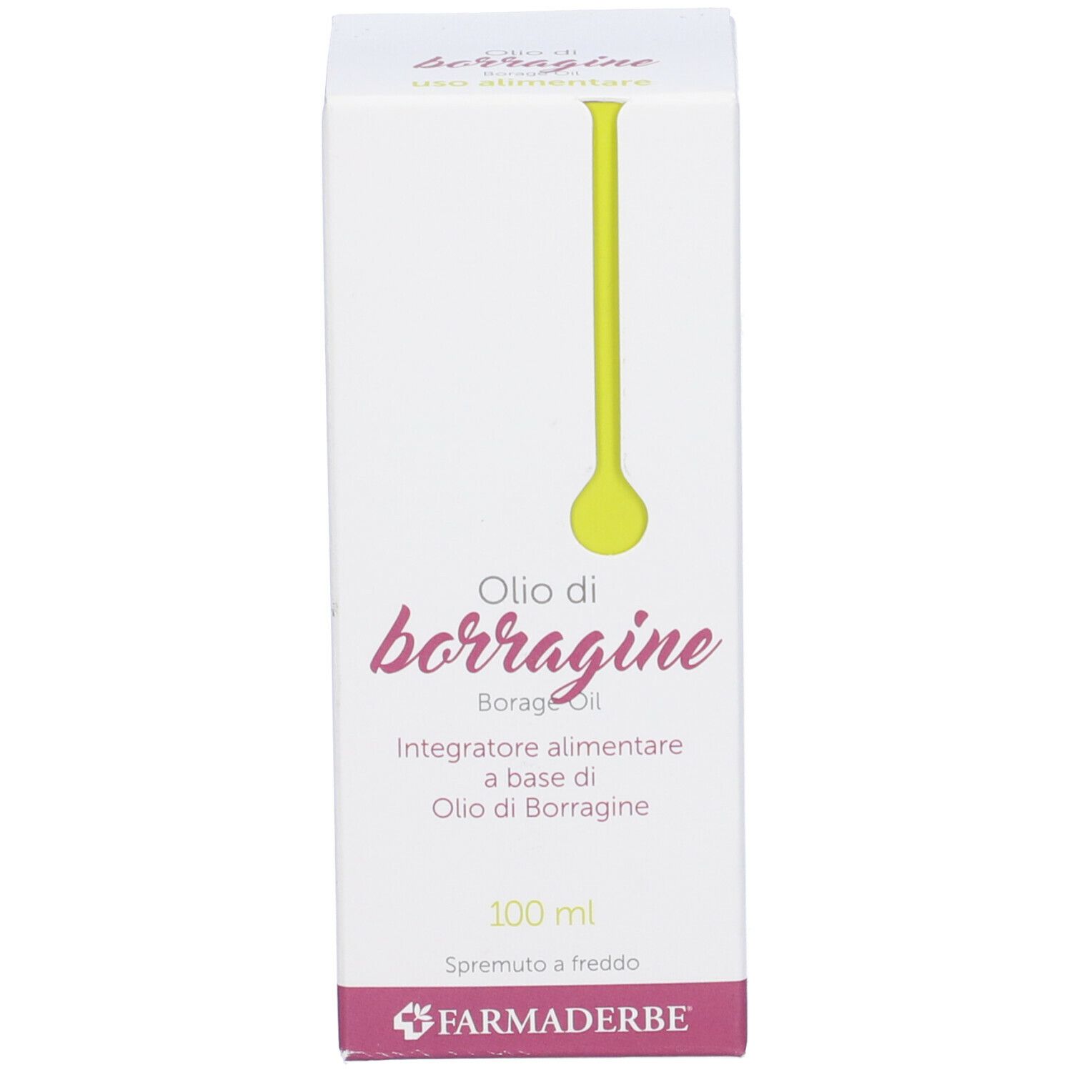 Weiße Schachtel mit Produktaufdruck. Aufschrift: Olio di borragine, Integratore alimentare. Marke: Farmaderbe.