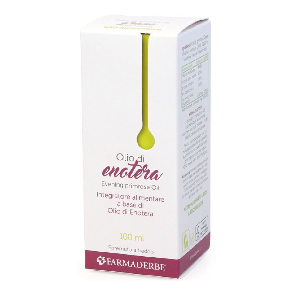 Scatola bianca con stampa del prodotto. Scritta: Olio di enotera, olio di enotera. Marchio: Farmaderbe.