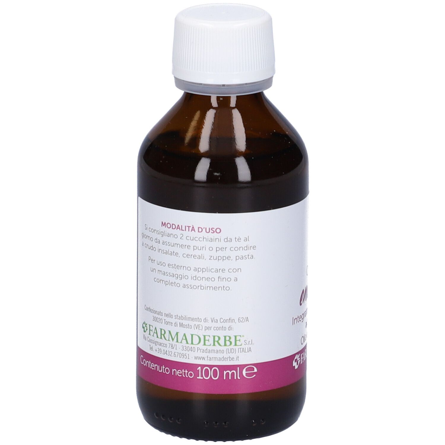 Flacone in vetro marrone con tappo bianco. Etichetta con informazioni sul prodotto e marchio: Farmaderbe. Contenuto: 100 ml.