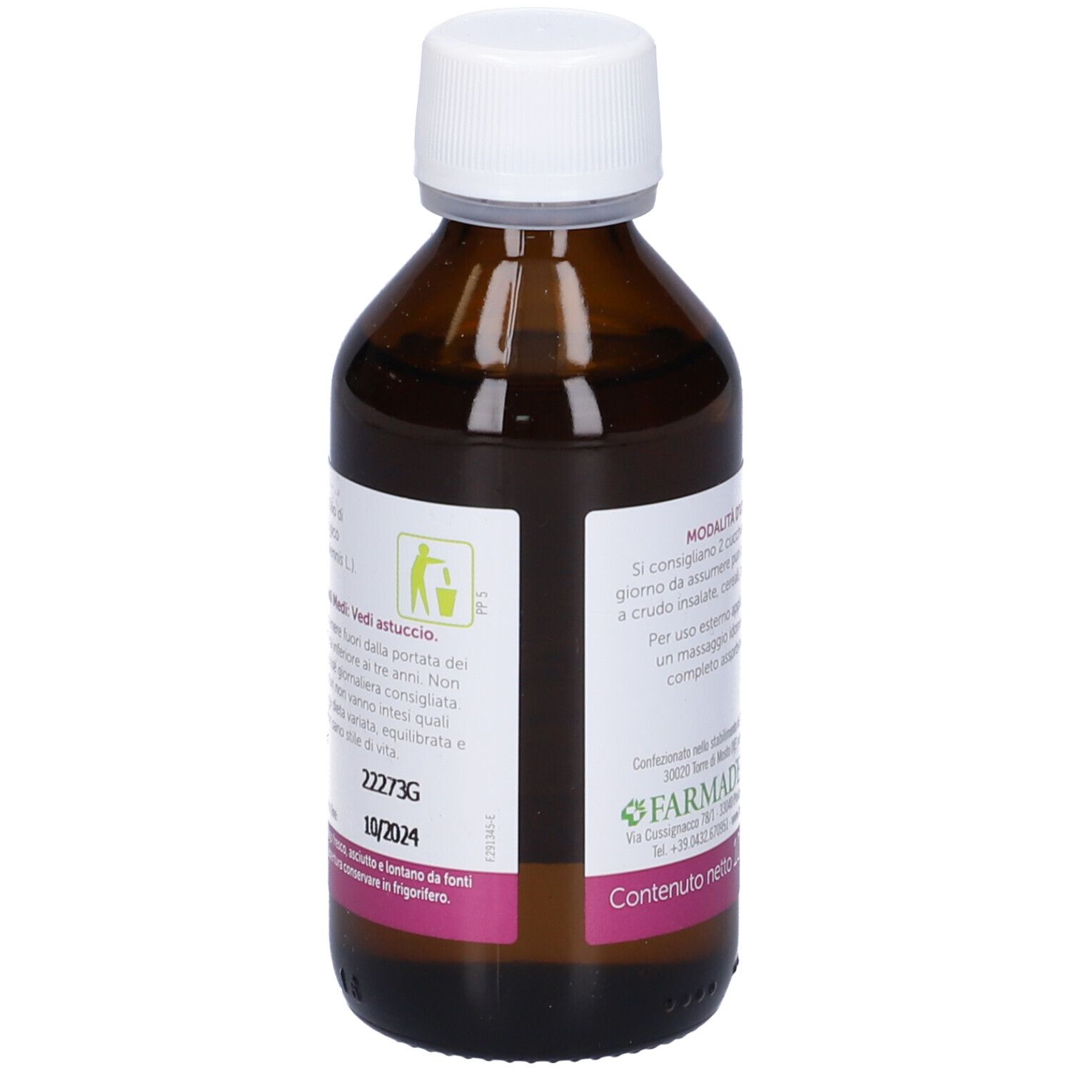 Flacone in vetro marrone con tappo bianco. Etichetta con informazioni sul prodotto e marchio: Farmaderbe. Contenuto: 100 ml.
