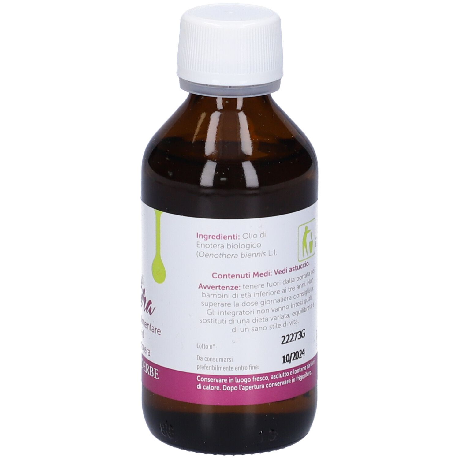 Flacone in vetro marrone con tappo bianco. Etichetta con informazioni sul prodotto e marchio: Farmaderbe. Contenuto: 100 ml.