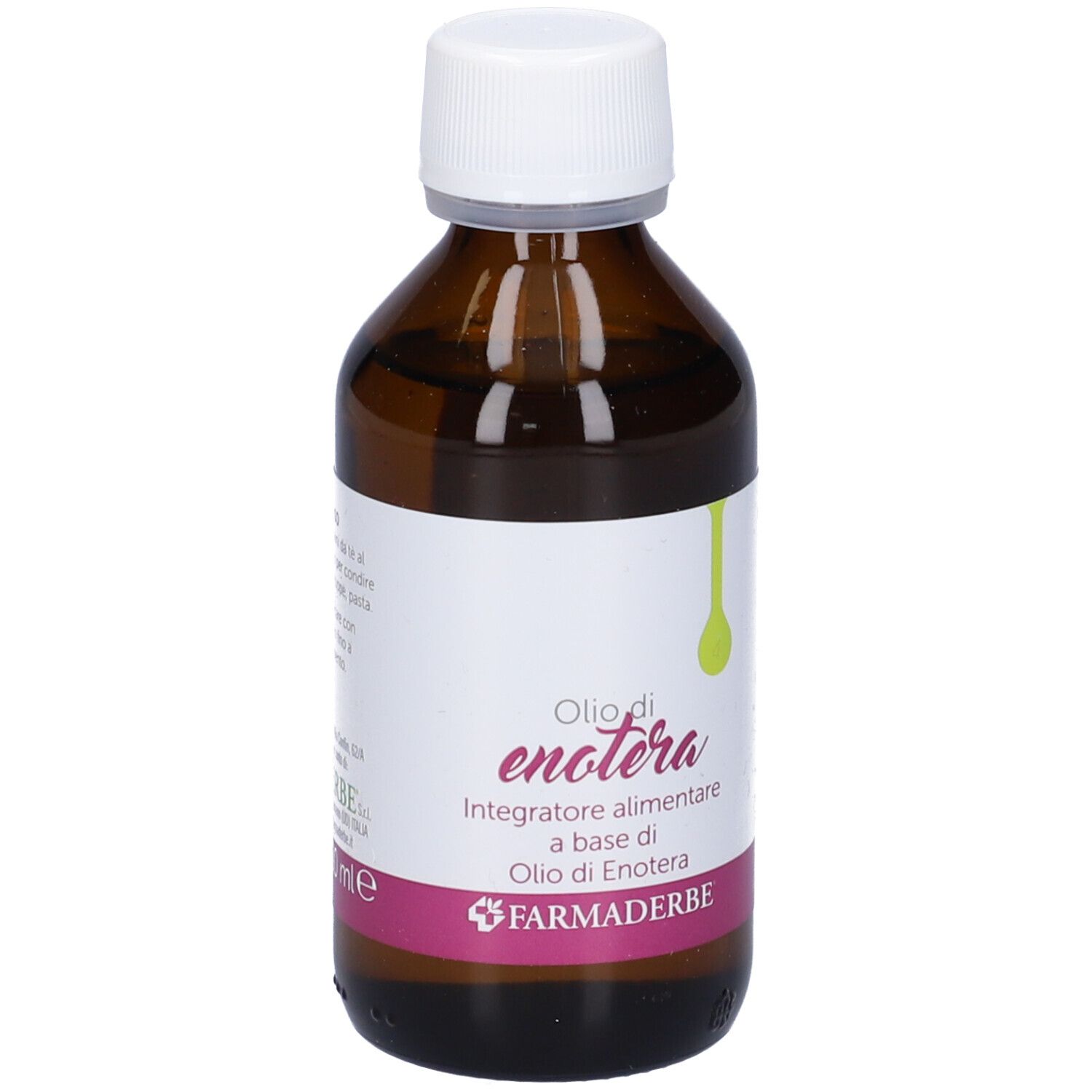 Flacone in vetro marrone con tappo bianco. Etichetta con nome del prodotto: Olio di enotera. Marchio: Farmaderbe.