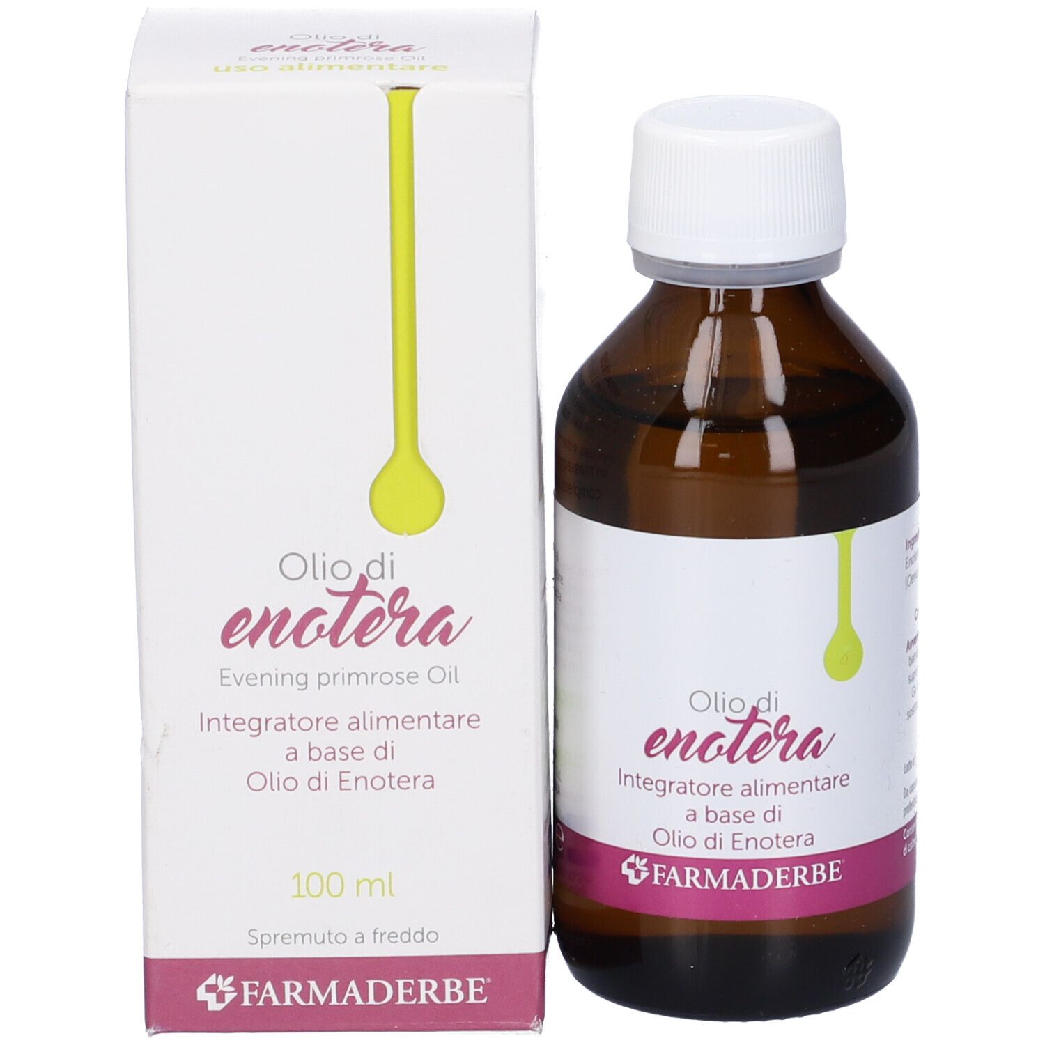 Flacone in vetro marrone e scatola bianca. Scritta: Olio di enotera, olio di enotera. Marchio: Farmaderbe. Contenuto: 100 ml.