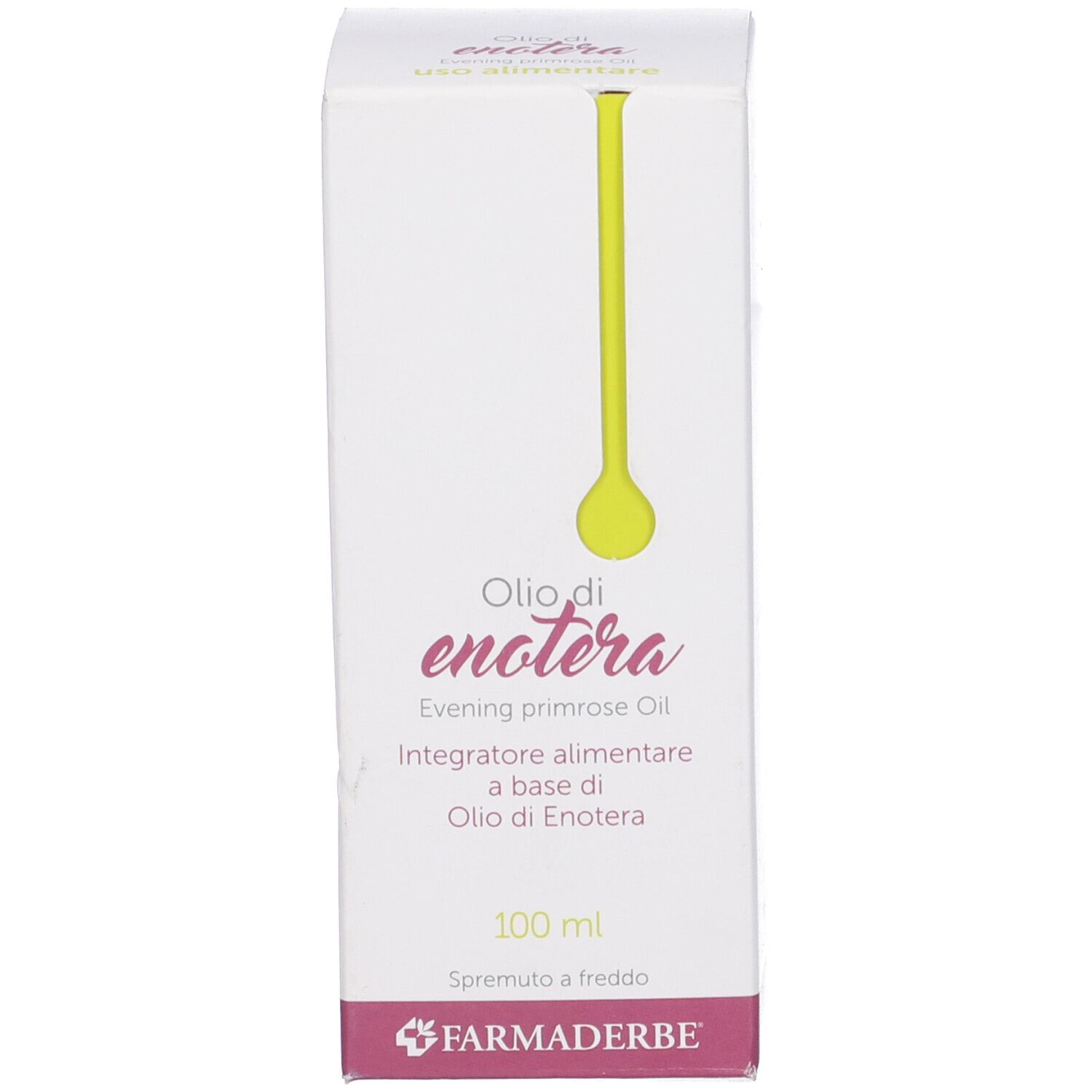 Scatola bianca con stampa del prodotto. Scritta: Olio di enotera, olio di enotera. Marchio: Farmaderbe. Contenuto: 100 ml.