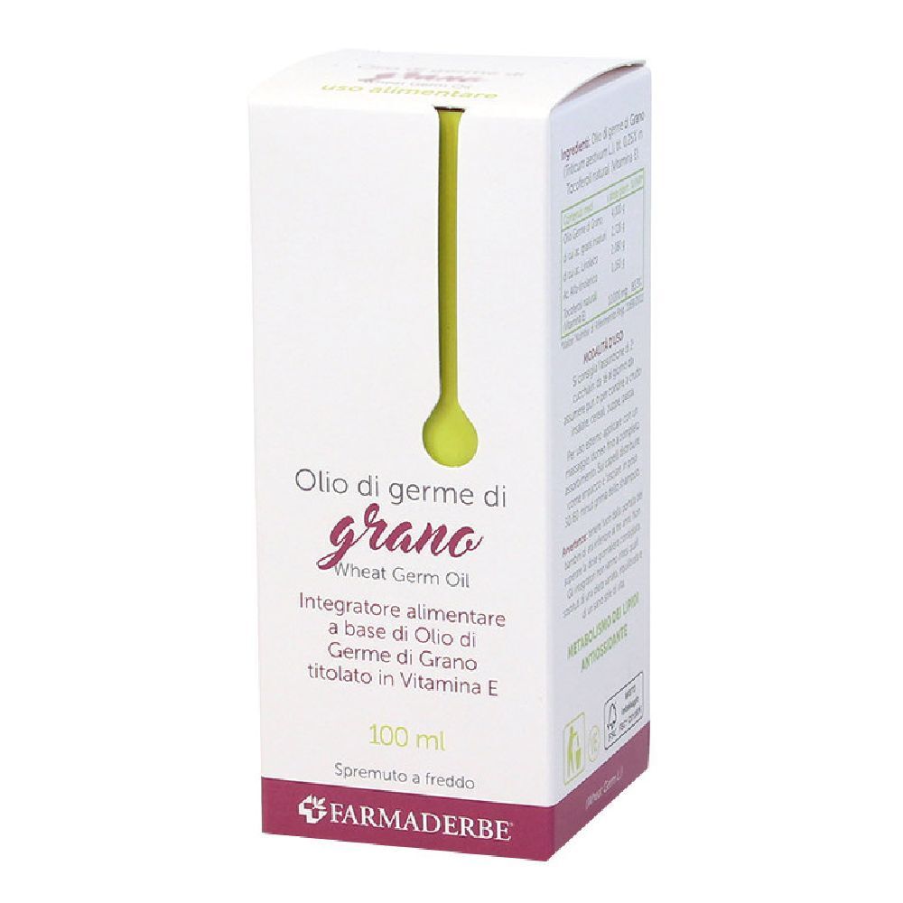 Scatola con stampa del prodotto. Testo: Olio di germe di grano, olio di germe di grano. Marchio: Farmaderbe.