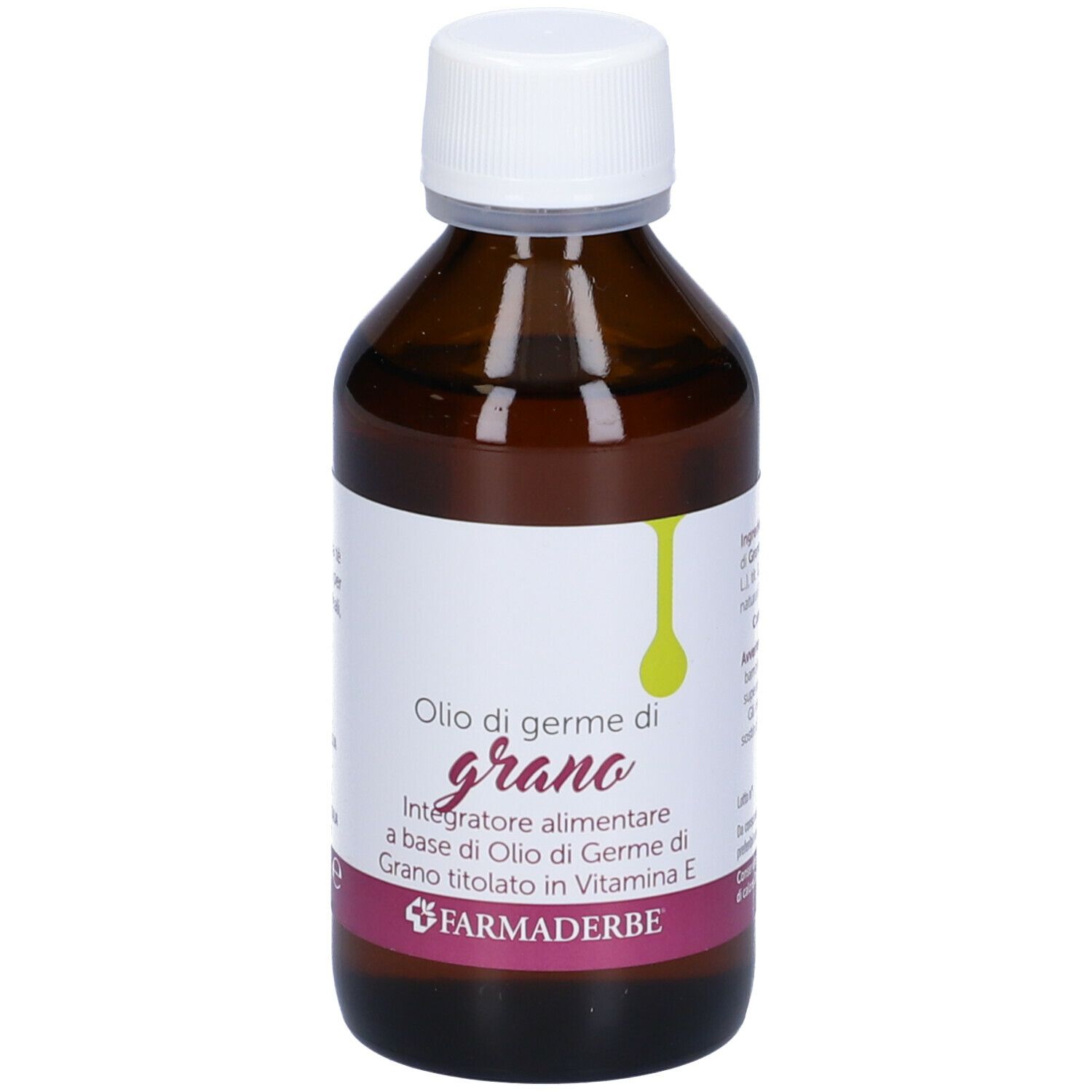 Bottiglia di vetro marrone con tappo bianco. Etichetta con nome del prodotto: Olio di germe di grano. Marchio: Farmaderbe.