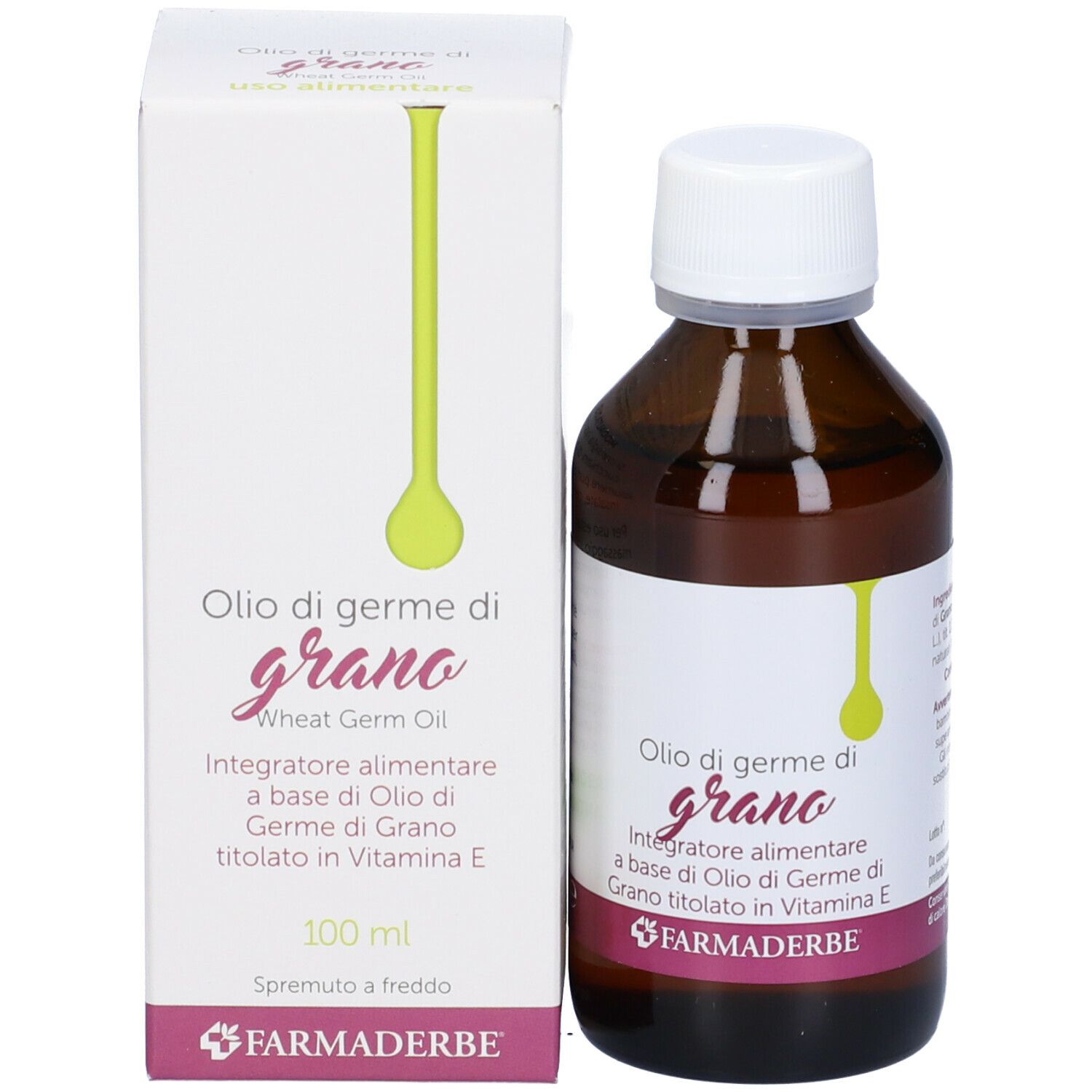 Confezione del prodotto con bottiglia e scatola. Scritta: Olio di germe di grano, olio di germe di grano. Marchio: Farmaderbe.