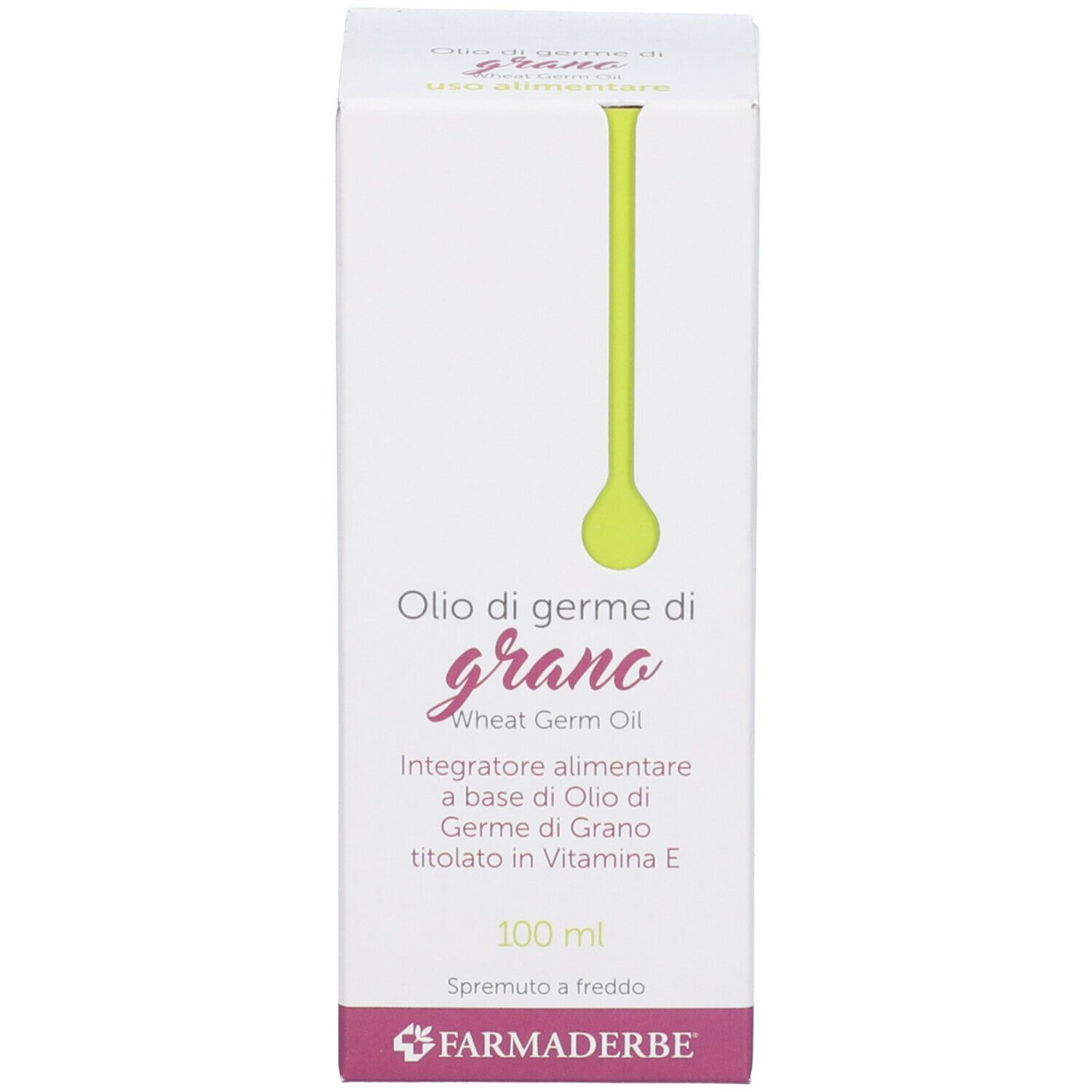 Scatola con stampa del prodotto. Testo: Olio di germe di grano, olio di germe di grano. Marchio: Farmaderbe.