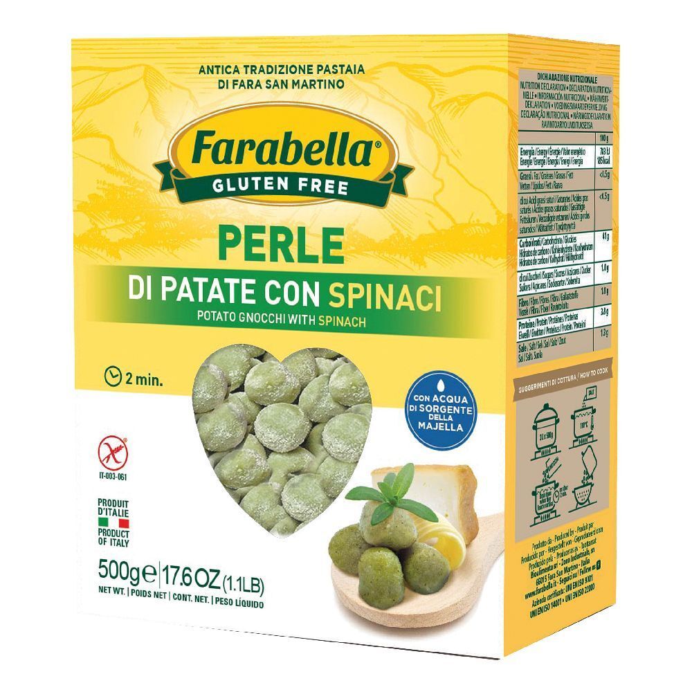 Scatola gialla Farabella Gluten Free Perle di Patate con Spinaci. Gnocchi di patate e spinaci. Confezione da 500g.