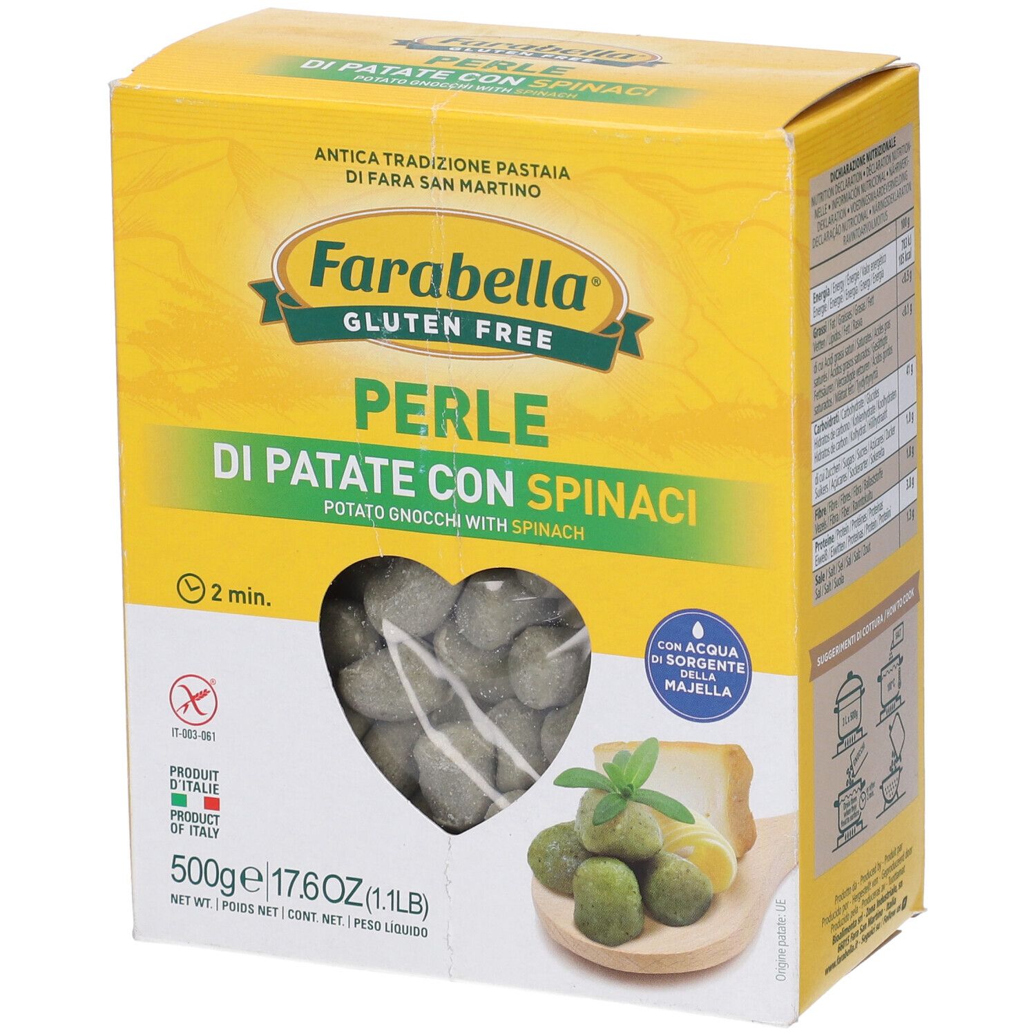 Scatola gialla Farabella Gluten Free Perle di Patate con Spinaci. Finestra a forma di cuore. Confezione da 500g.