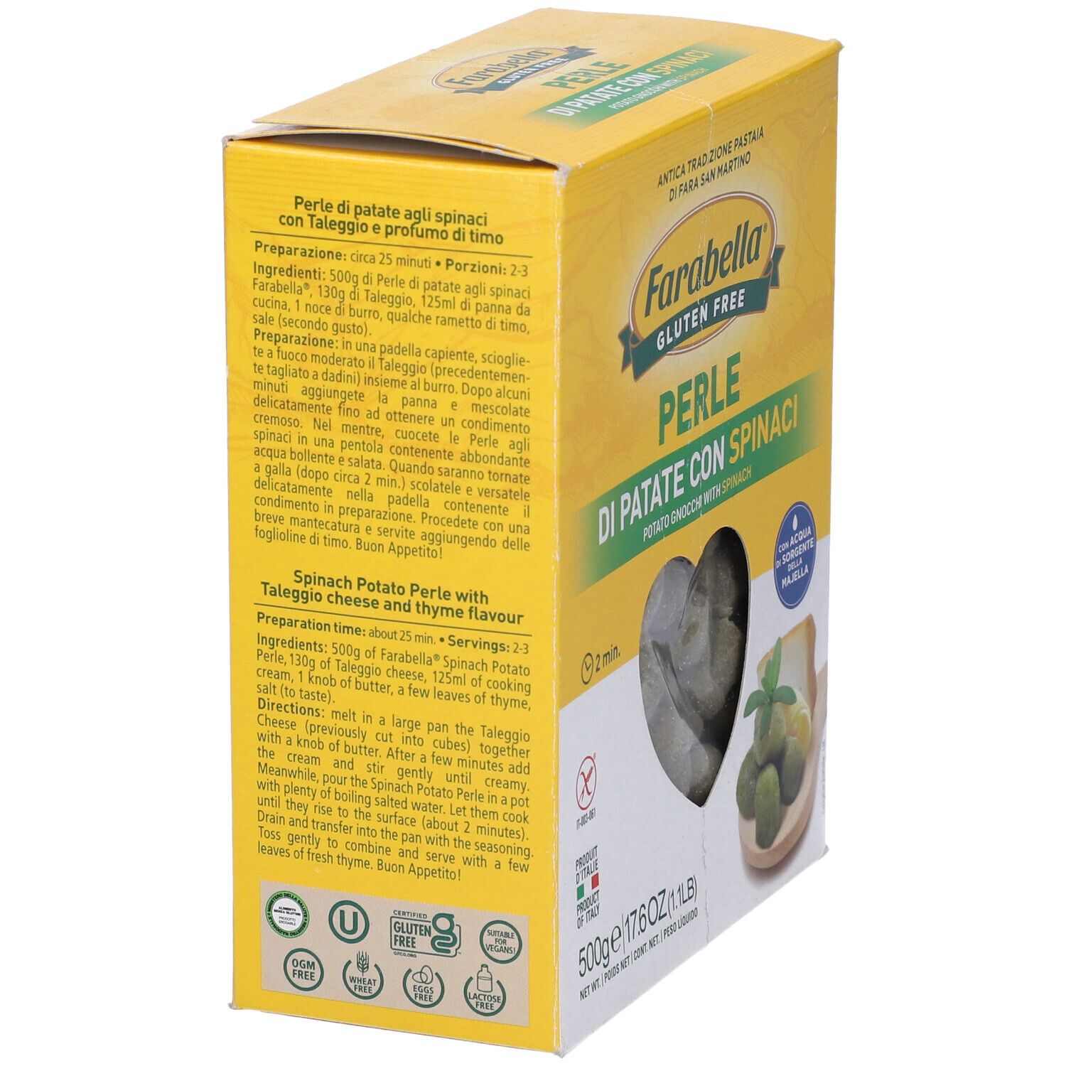 Scatola gialla Farabella Gluten Free Perle di Patate con Spinaci. Testo sul retro. Confezione da 500g.