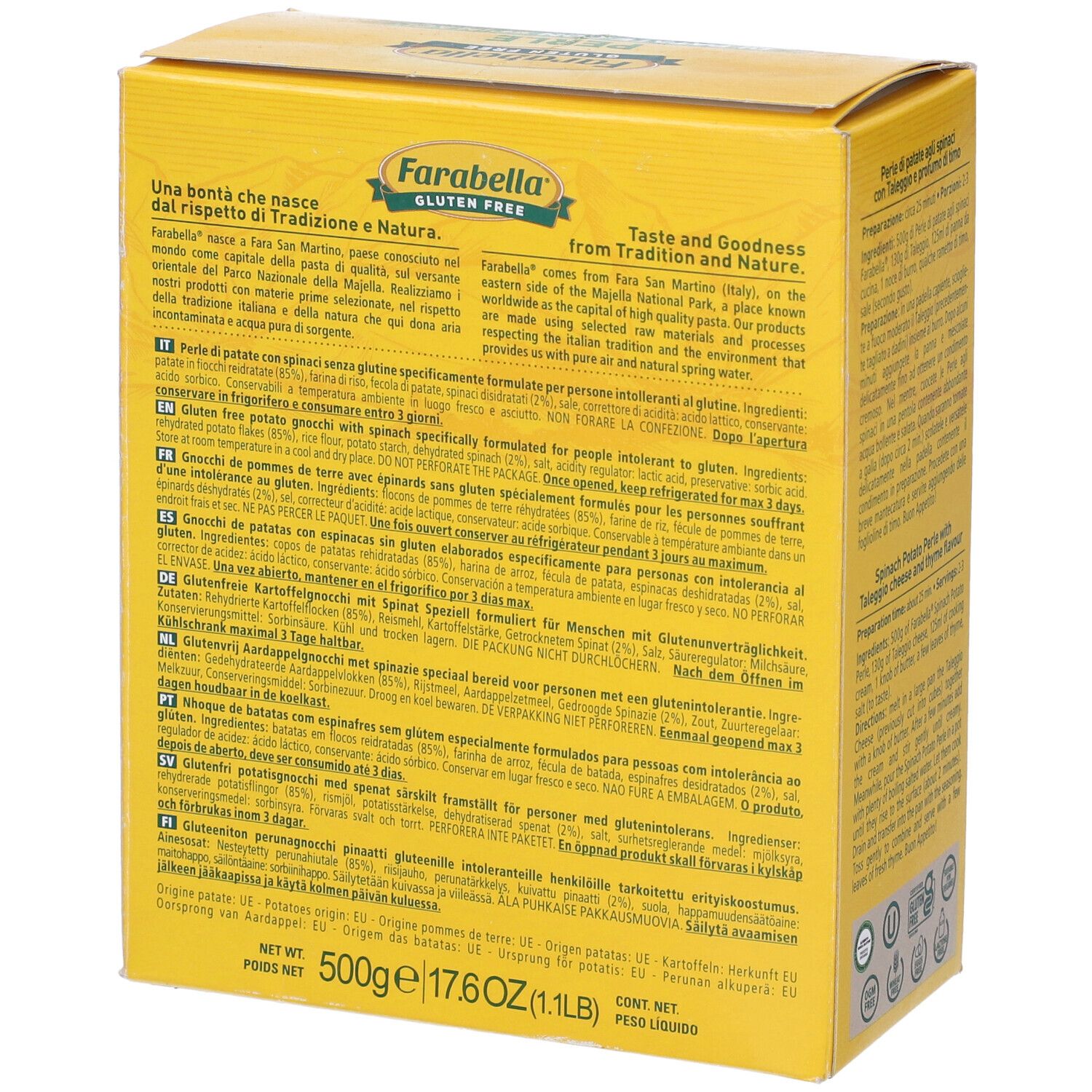 Scatola gialla Farabella Gluten Free Perle di Patate con Spinaci. Informazioni nutrizionali. Confezione da 500g.