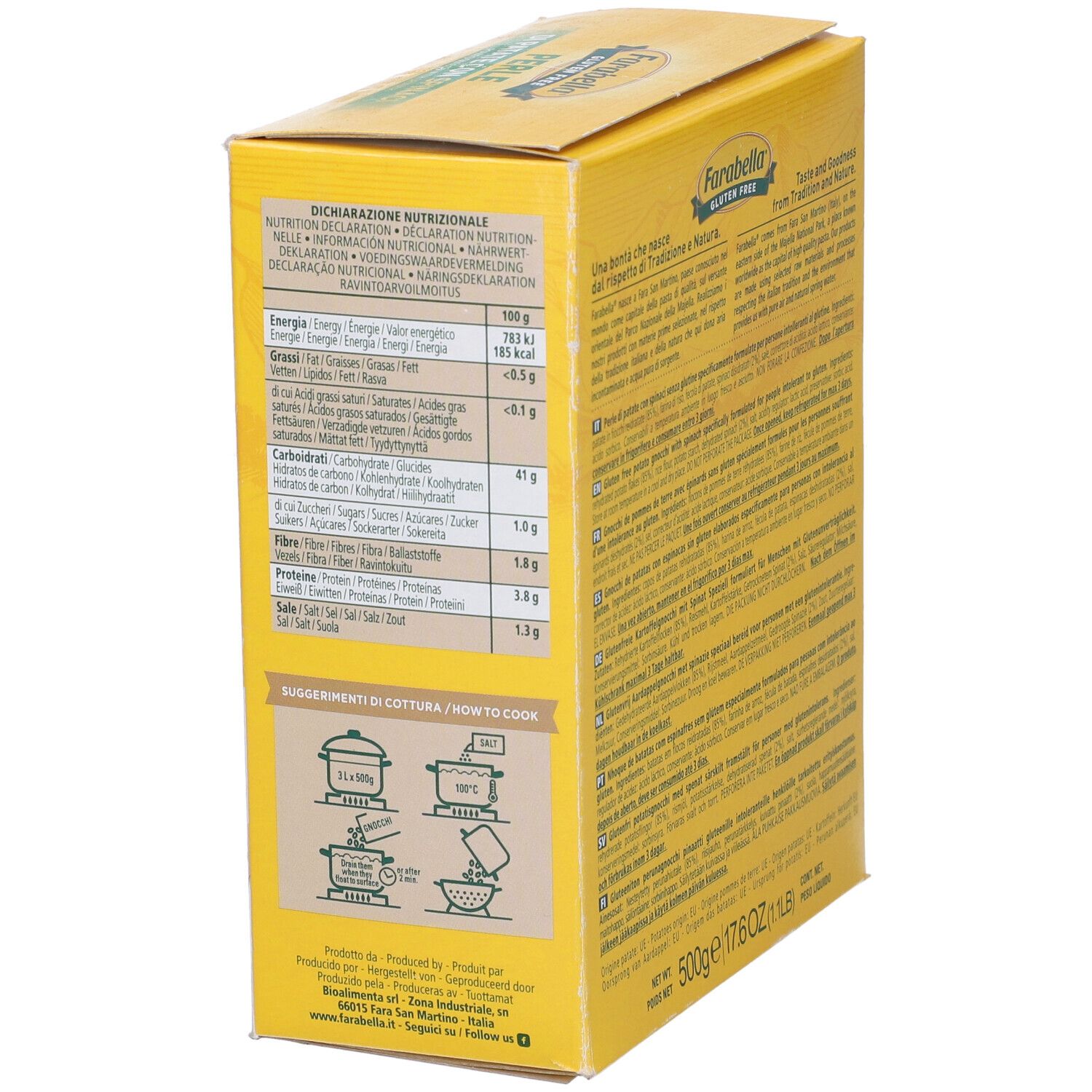 Scatola gialla Farabella Gluten Free Perle di Patate con Spinaci. Istruzioni di cottura. Confezione da 500g.