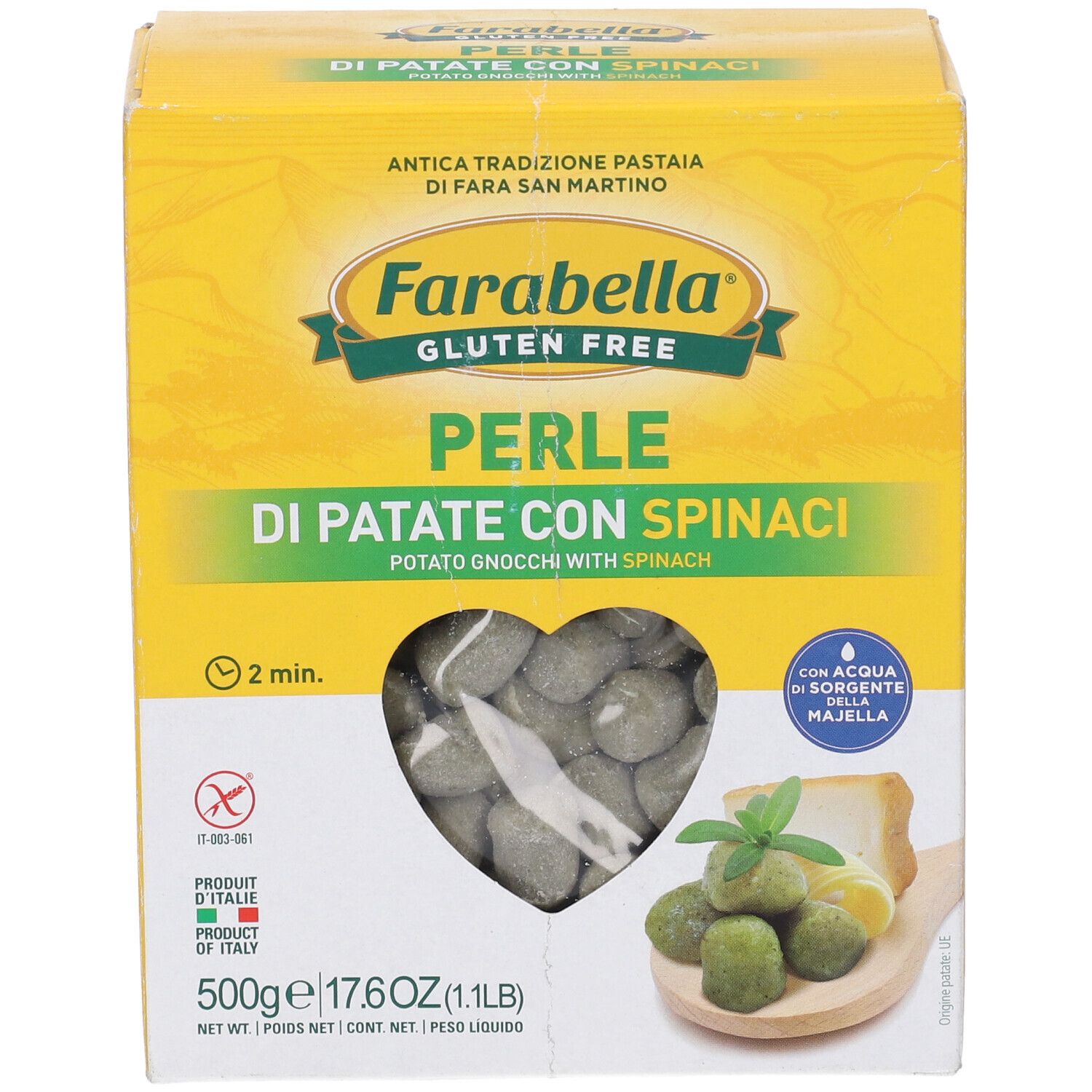 Scatola gialla Farabella Gluten Free Perle di Patate con Spinaci. Vista del prodotto. Confezione da 500g.