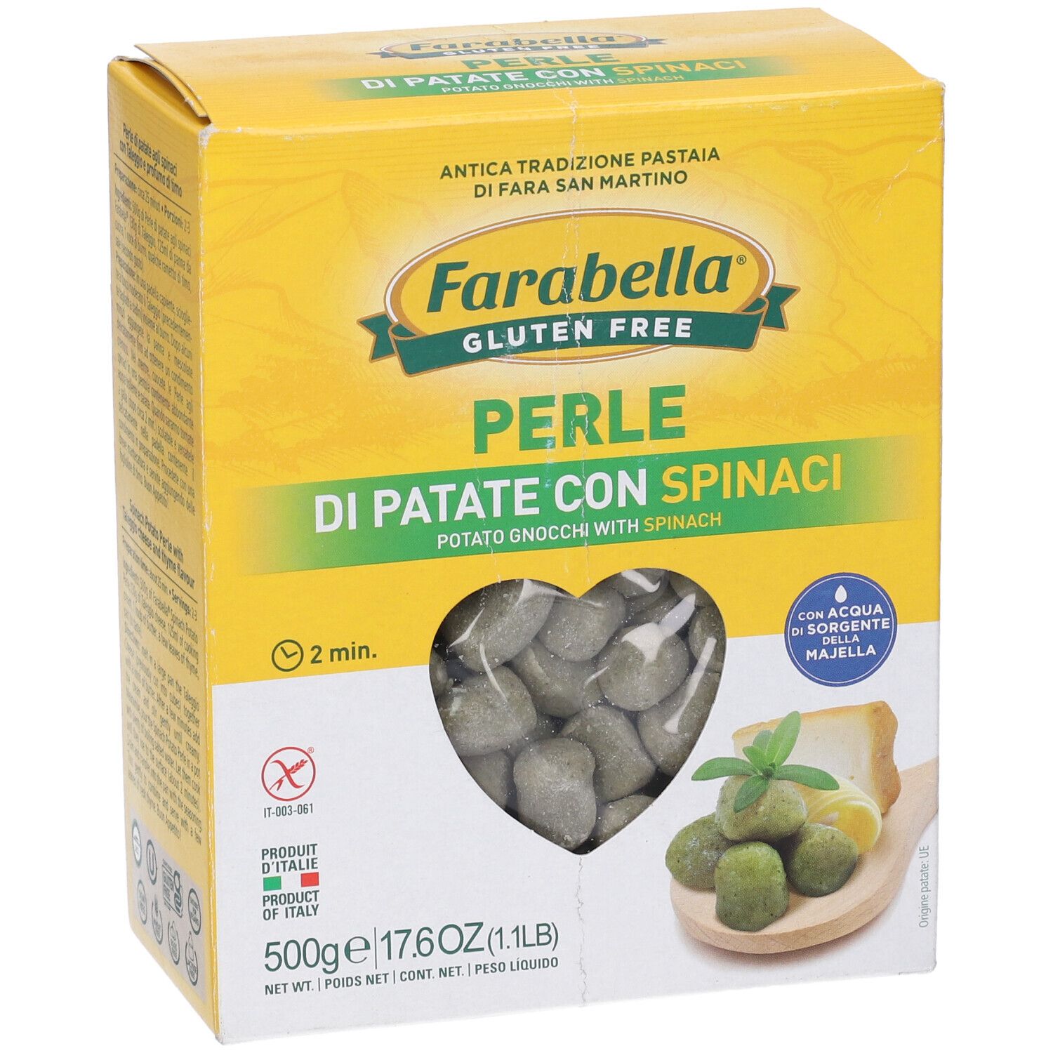 Scatola gialla Farabella Gluten Free Perle di Patate con Spinaci. Vista del prodotto. Confezione da 500g.