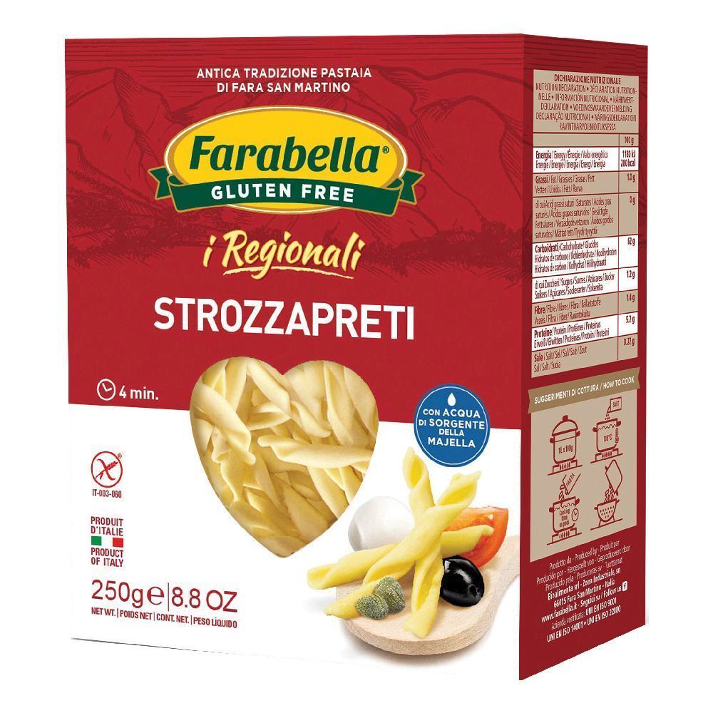 Rote Schachtel mit Farabella Gluten Free i Regionali Strozzapreti. Herzförmiges Fenster mit Pasta. 250g, 8.8 OZ.