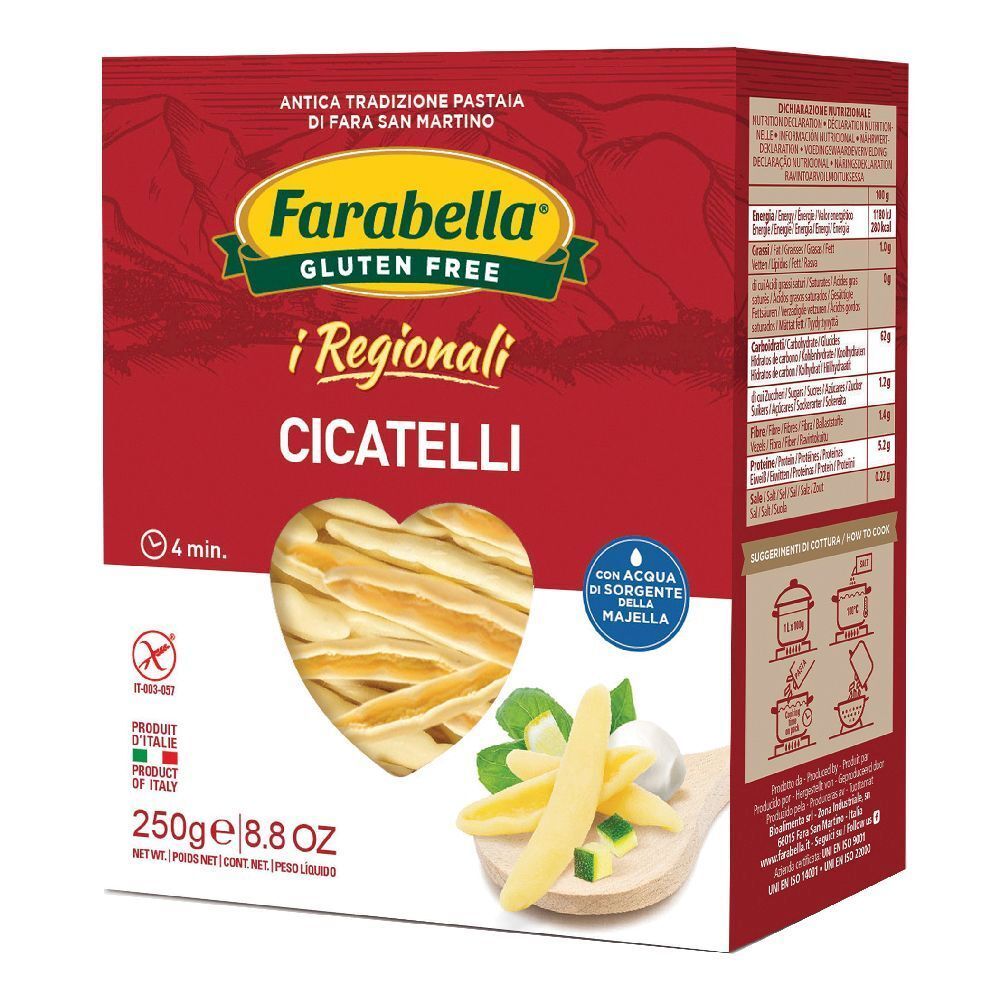 Scatola rossa Farabella Gluten Free i Regionali Cicatelli. Finestra con pasta. 250g, 8.8 OZ. Ingredienti e istruzioni.