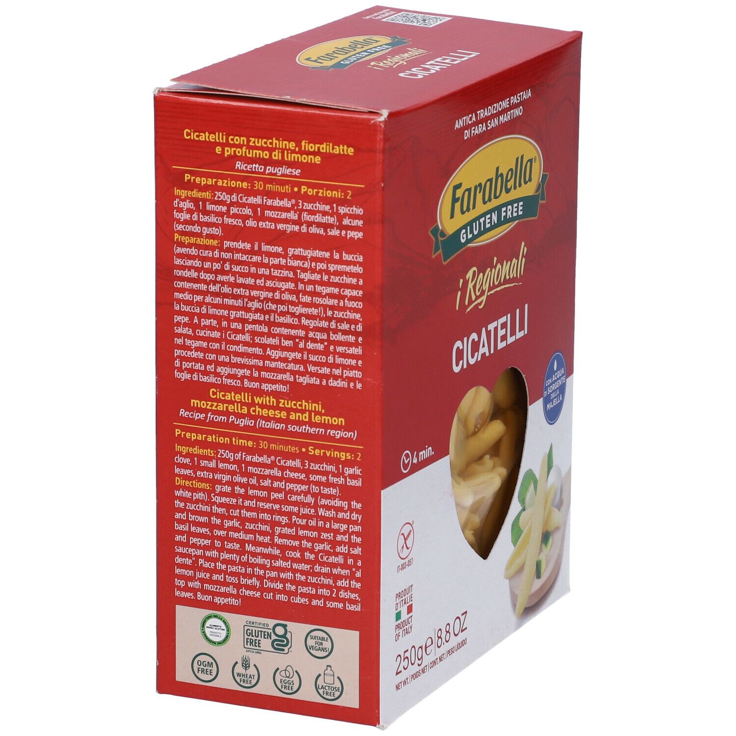 Scatola rossa Farabella Gluten Free i Regionali Cicatelli. Testo e pasta. 250g, 8.8 OZ. Ingredienti e preparazione.