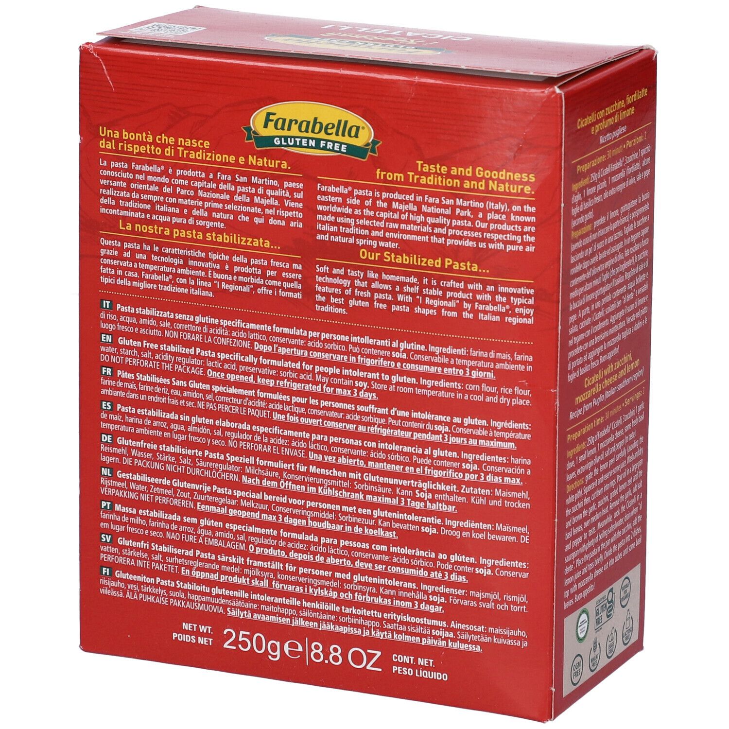 Scatola rossa Farabella Gluten Free i Regionali Cicatelli. Testo e pasta. 250g, 8.8 OZ. Ingredienti e preparazione.