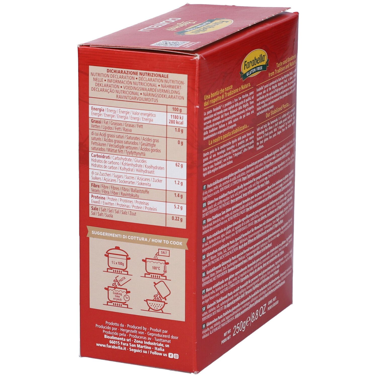 Scatola rossa Farabella Gluten Free i Regionali Cicatelli. Testo e informazioni nutrizionali. 250g, 8.8 OZ. Preparazione.