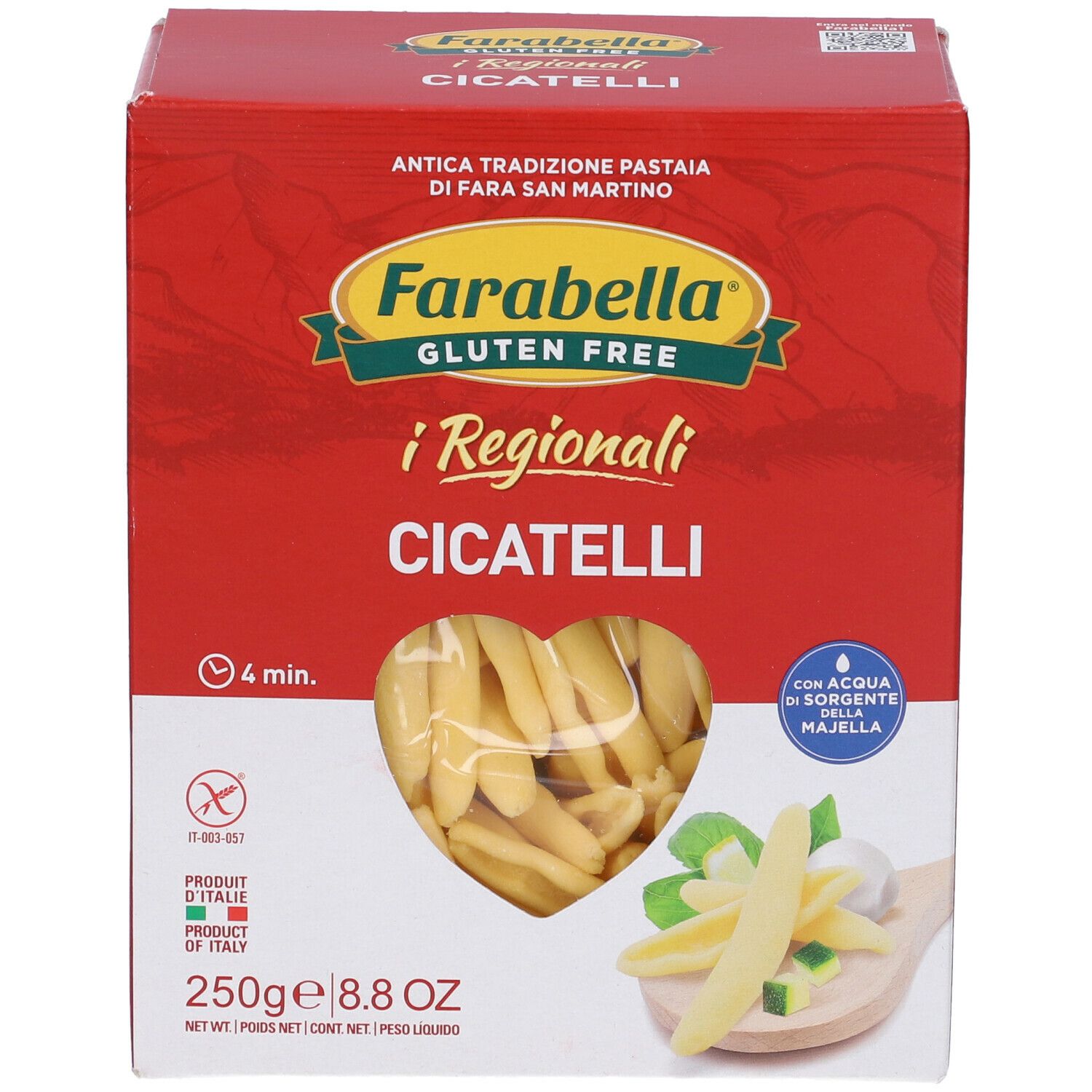 Scatola rossa Farabella Gluten Free i Regionali Cicatelli. Testo e preparazione. 250g, 8.8 OZ. Consigli di cottura.