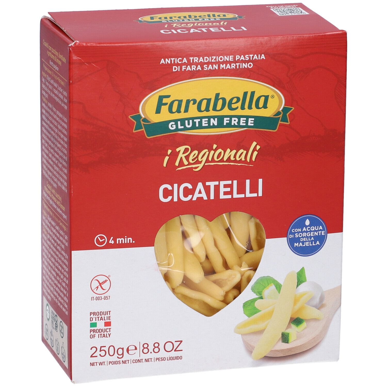 Scatola rossa Farabella Gluten Free i Regionali Cicatelli. Finestra con pasta. 250g, 8.8 OZ. Ingredienti e istruzioni.