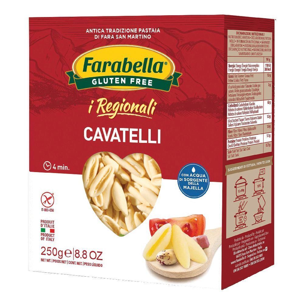 Scatola rossa Farabella Gluten Free Cavatelli. Finestra a forma di cuore con pasta. 250g, 8.8 OZ.