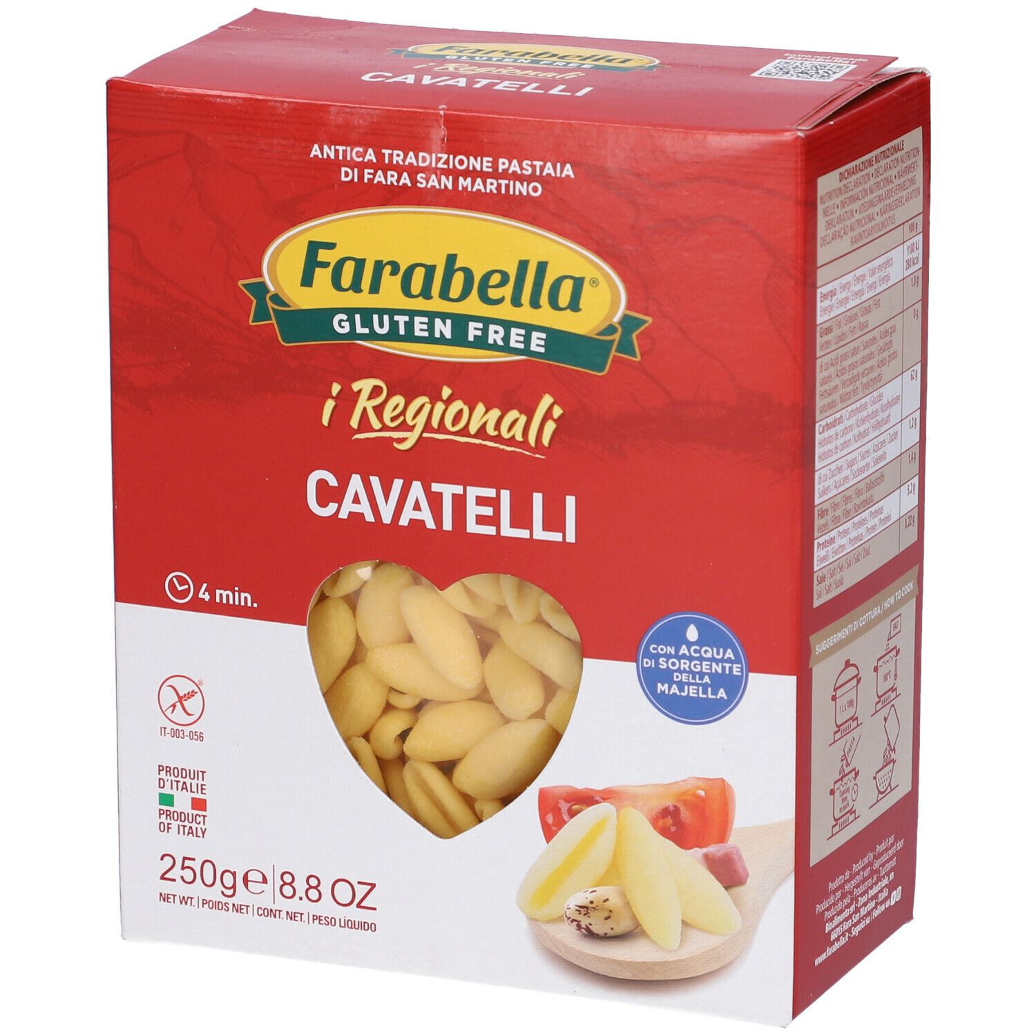 Scatola rossa Farabella Gluten Free Cavatelli. Retro con testo e ingredienti. 250g, 8.8 OZ.