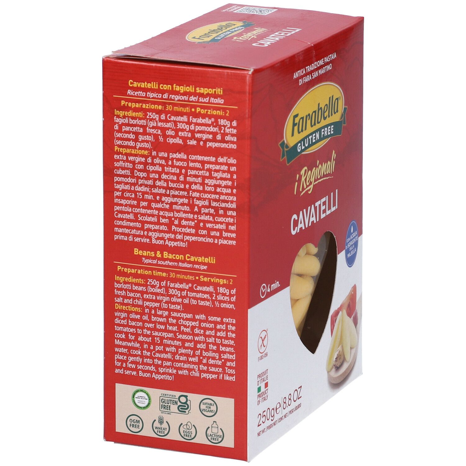 Scatola rossa Farabella Gluten Free Cavatelli. Retro con testo e ingredienti. 250g, 8.8 OZ.