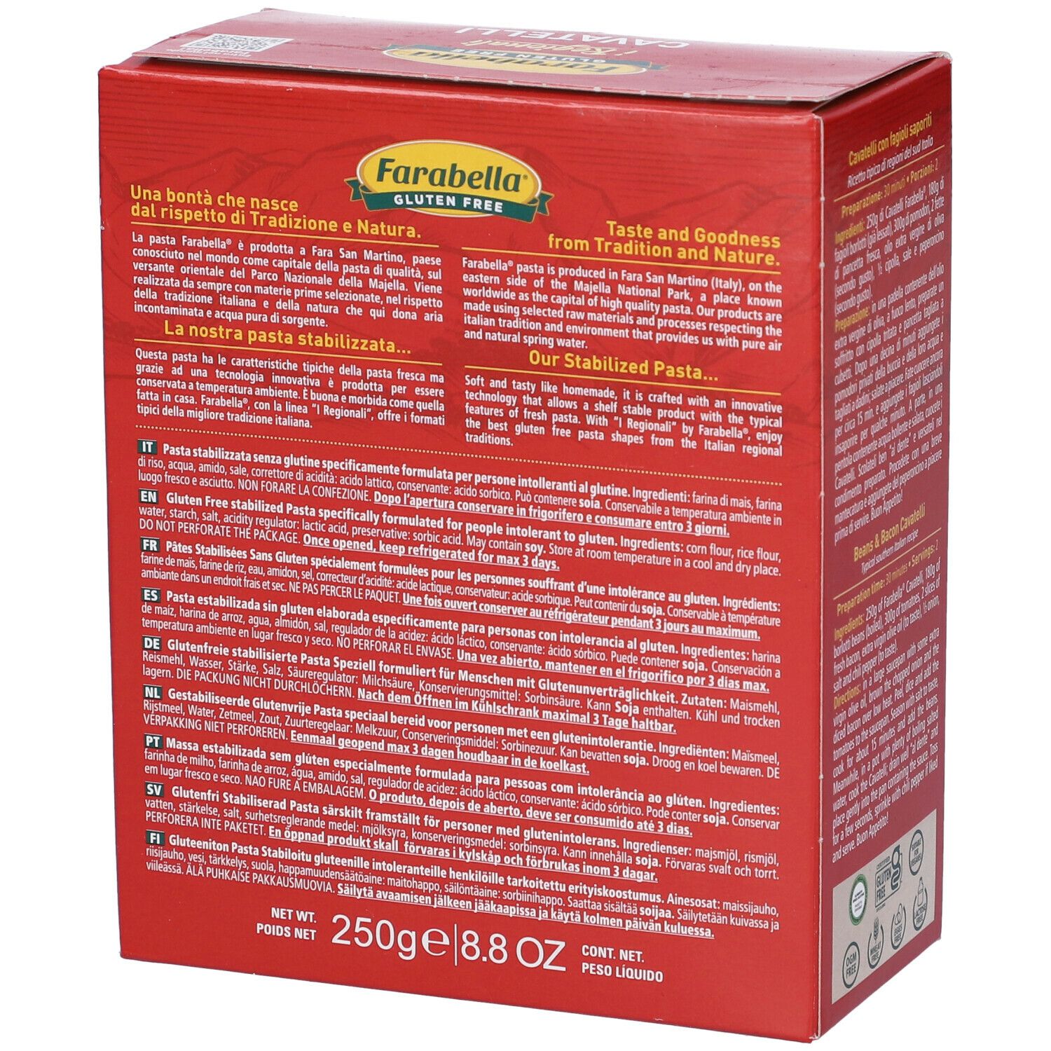 Scatola rossa Farabella Gluten Free Cavatelli. Retro con informazioni nutrizionali e consigli di cottura. 250g, 8.8 OZ.