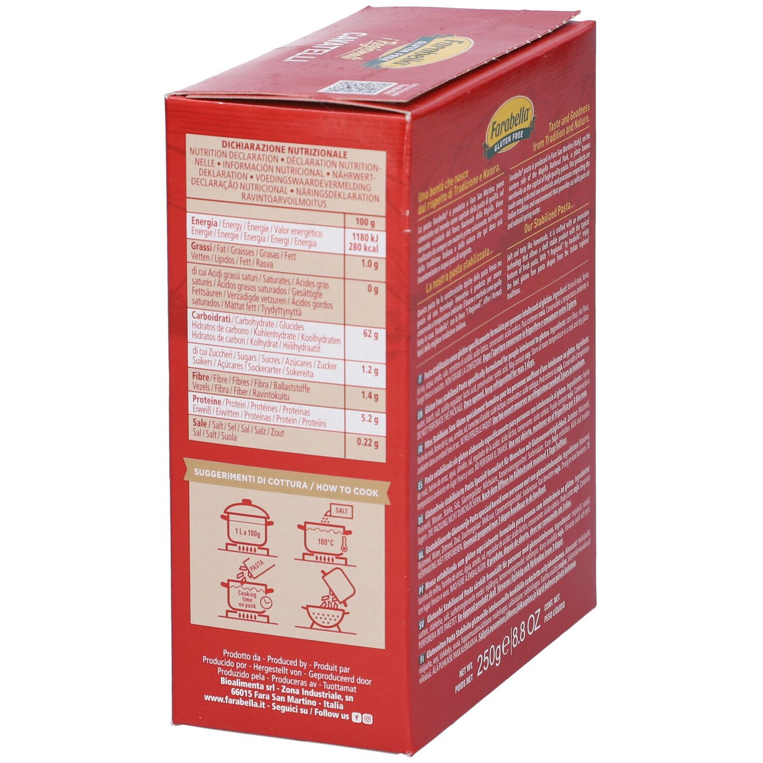 Scatola rossa Farabella Gluten Free Cavatelli. Finestra a forma di cuore con pasta. 250g, 8.8 OZ.