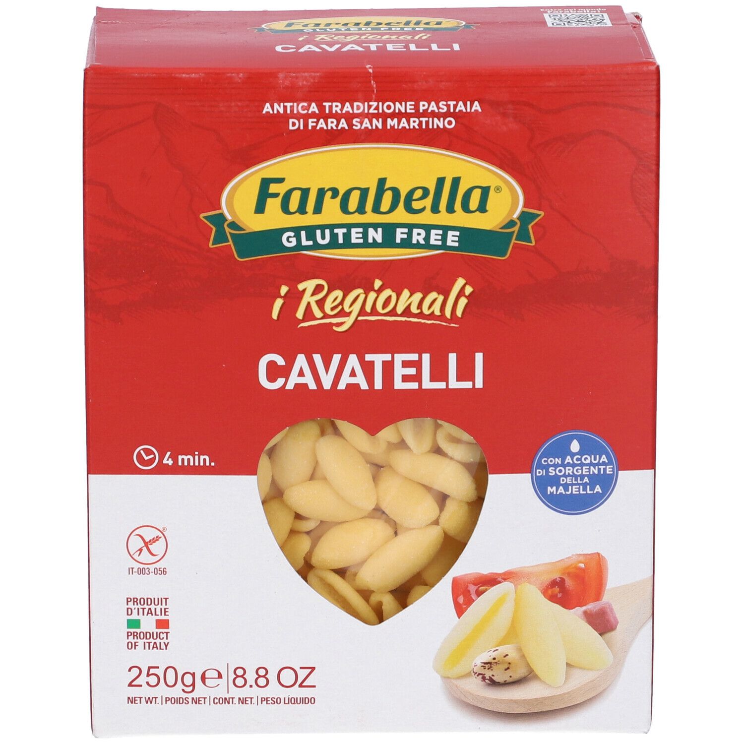 Scatola rossa Farabella Gluten Free Cavatelli. Finestra a forma di cuore con pasta. 250g, 8.8 OZ.