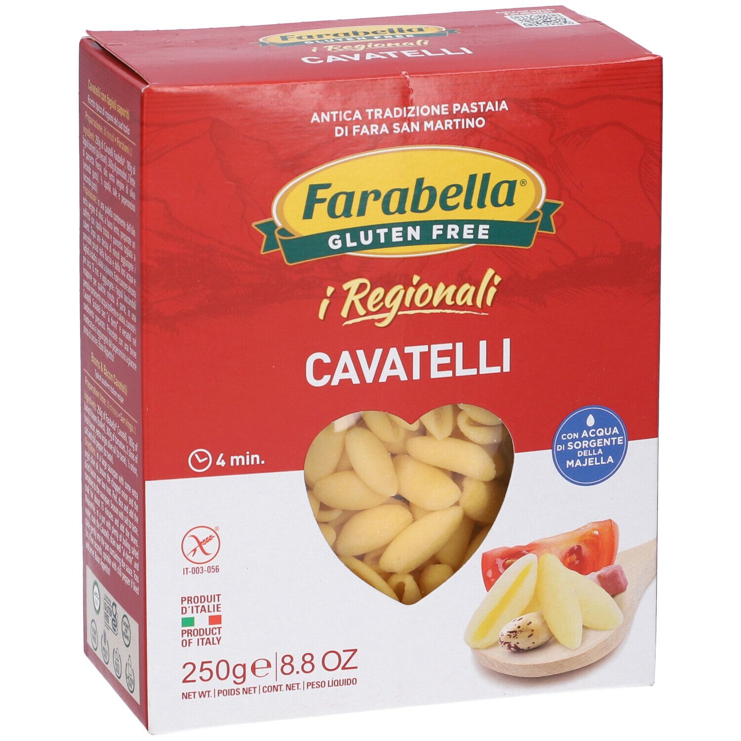 Scatola rossa Farabella Gluten Free Cavatelli. Finestra a forma di cuore con pasta. 250g, 8.8 OZ.
