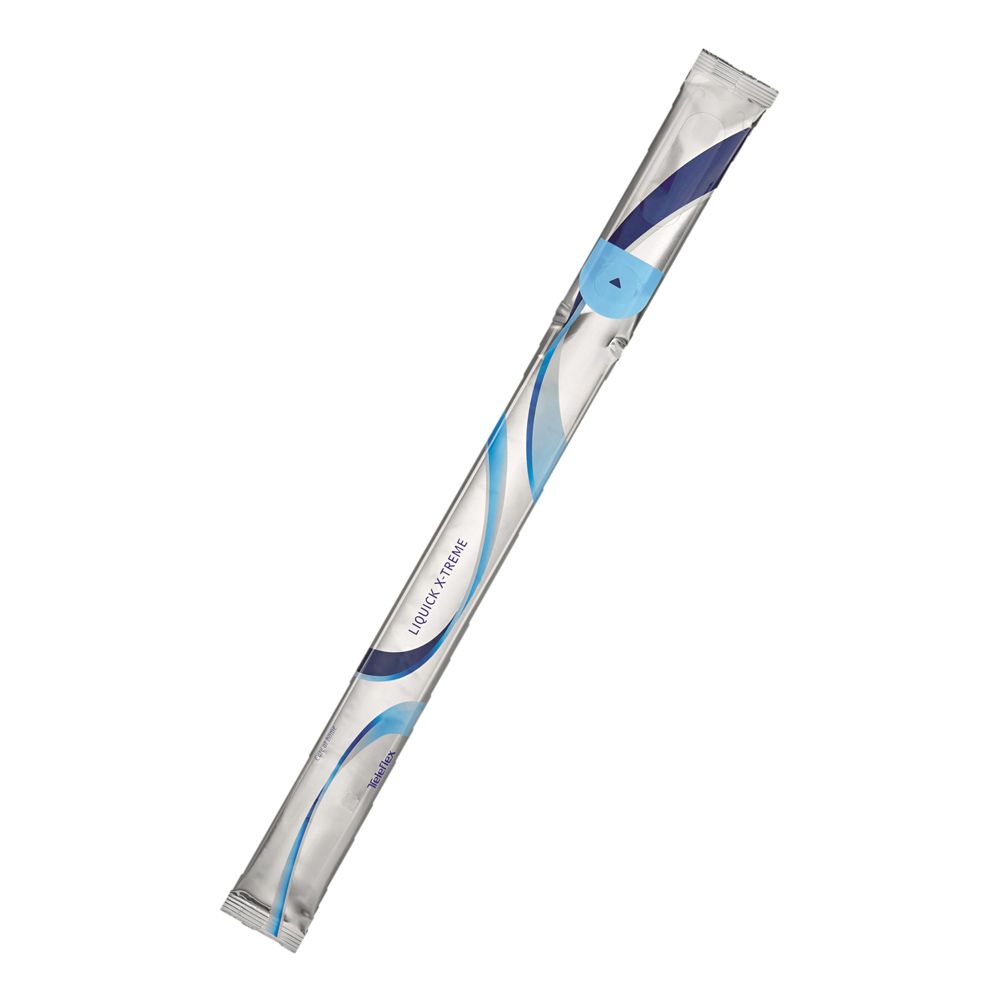 Confezione di un dispositivo medico. Forma tubolare, argentata con elementi decorativi blu e bianchi. Scritta: Liquick X-Treme.