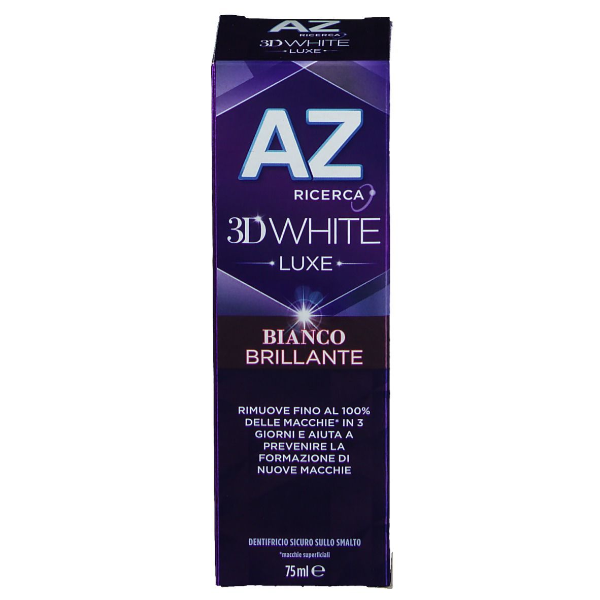 Scatola "AZ 3D White Luxe". Scritta "Bianco Brillante".