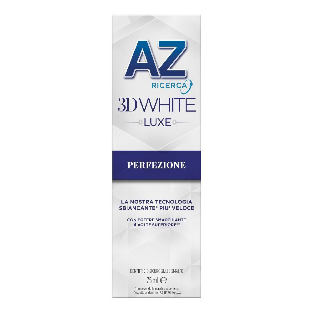 Confezione di dentifricio AZ 3D White Luxe Perfection. Design bianco e blu. Testo: Perfezione.