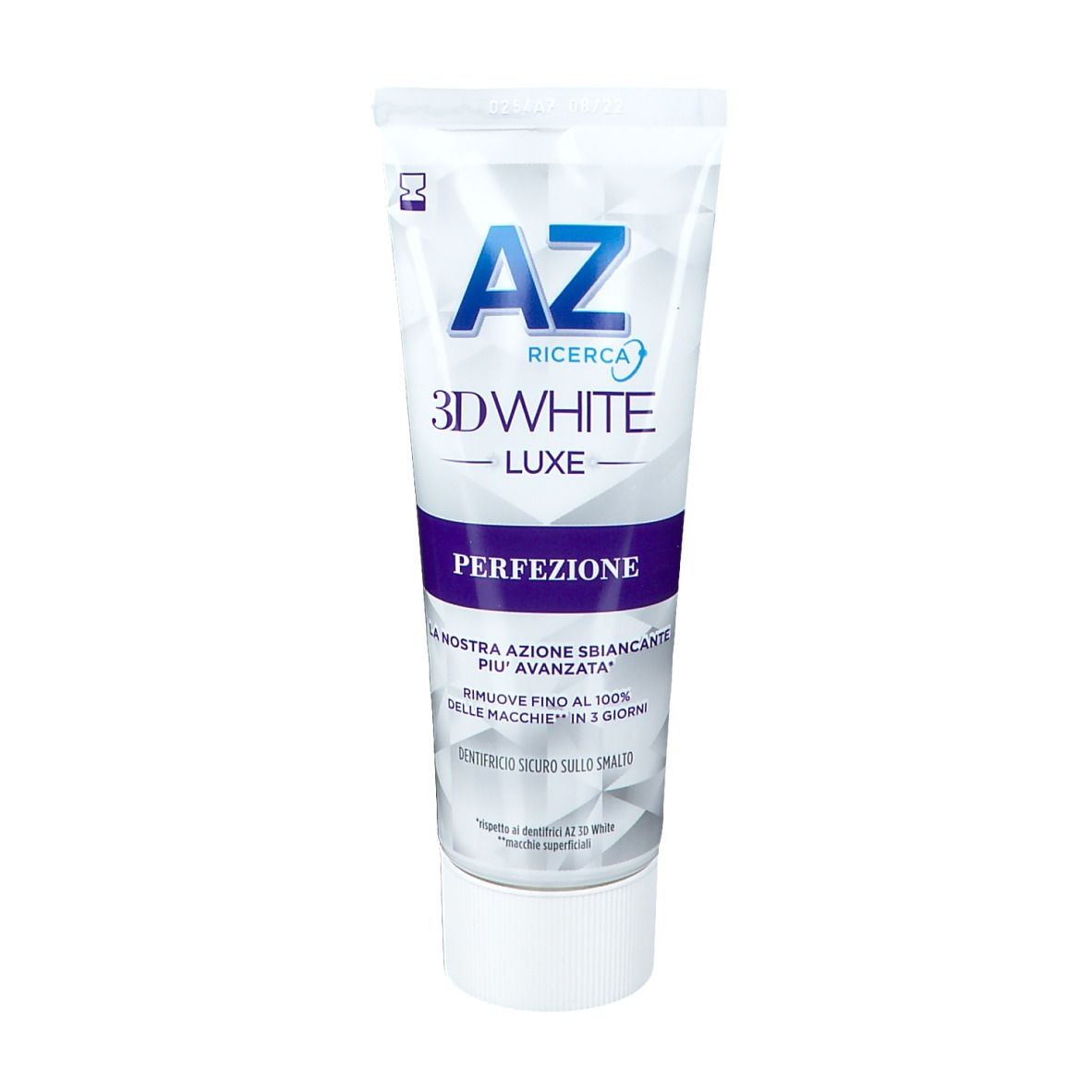 Tubo di dentifricio AZ 3D White Luxe Perfection. Bianco, design blu. Testo: Perfezione.
