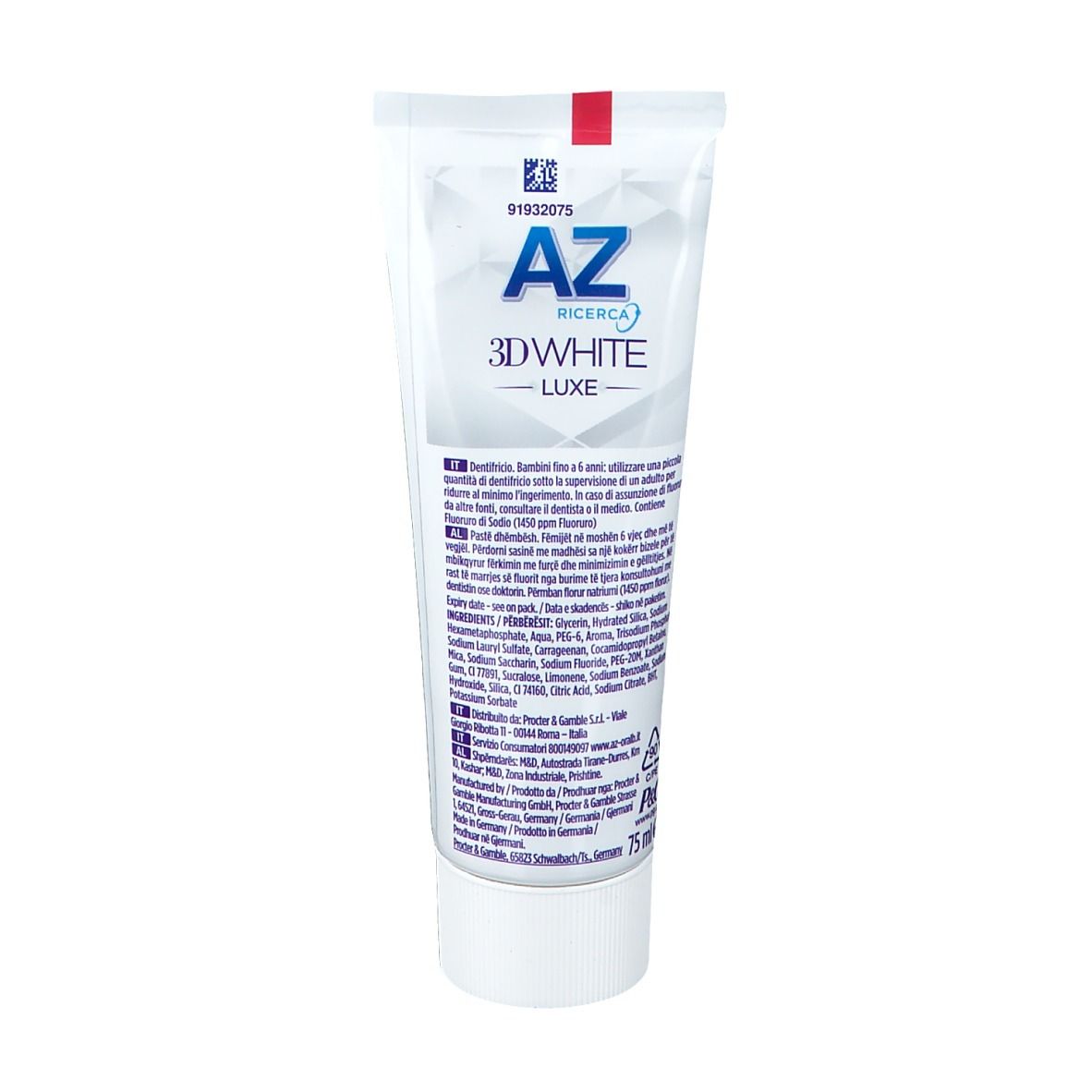 Tubo di dentifricio AZ 3D White Luxe Perfection. Bianco, design blu. Testo: Ingredienti e utilizzo.